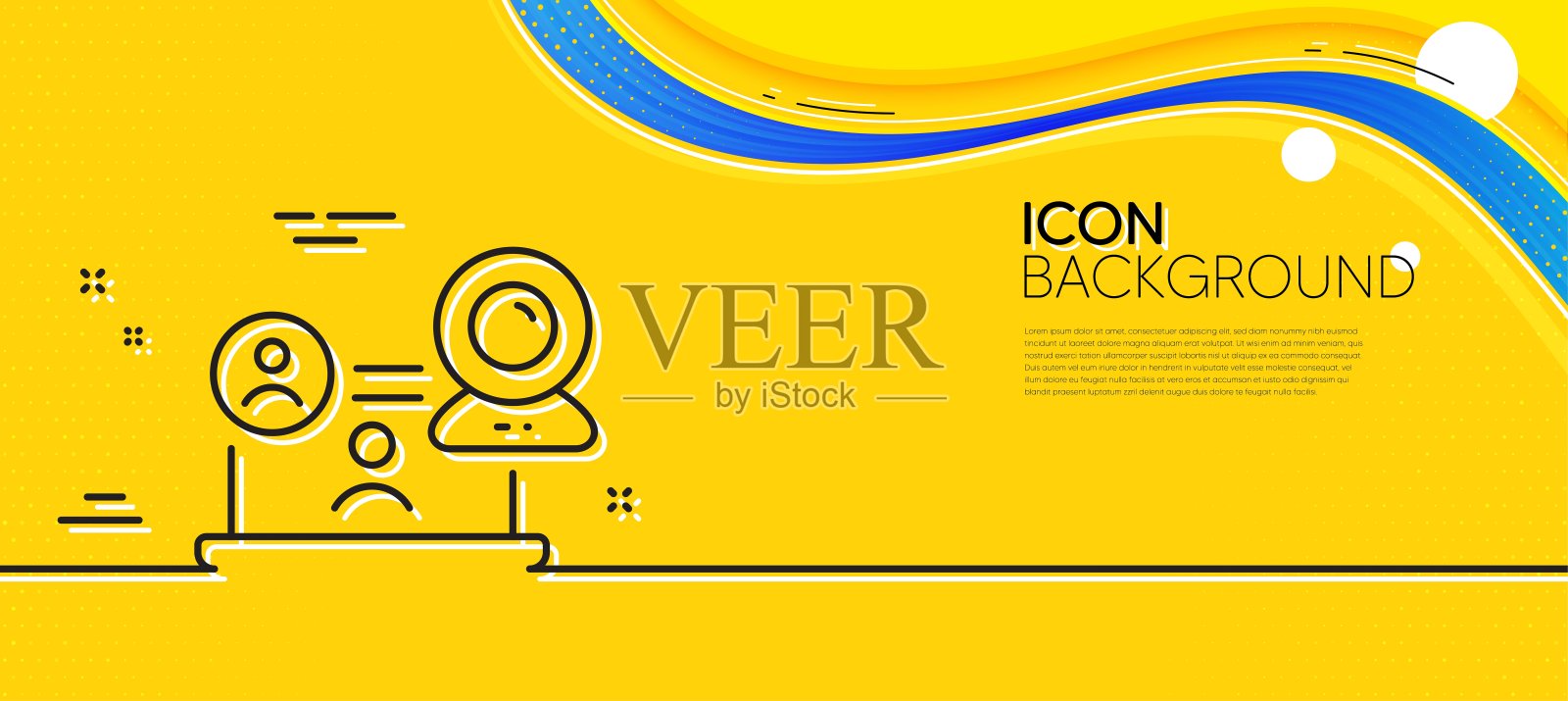 视频会议线路图标。在线培训的迹象。最小线黄色横幅。向量插画图片素材