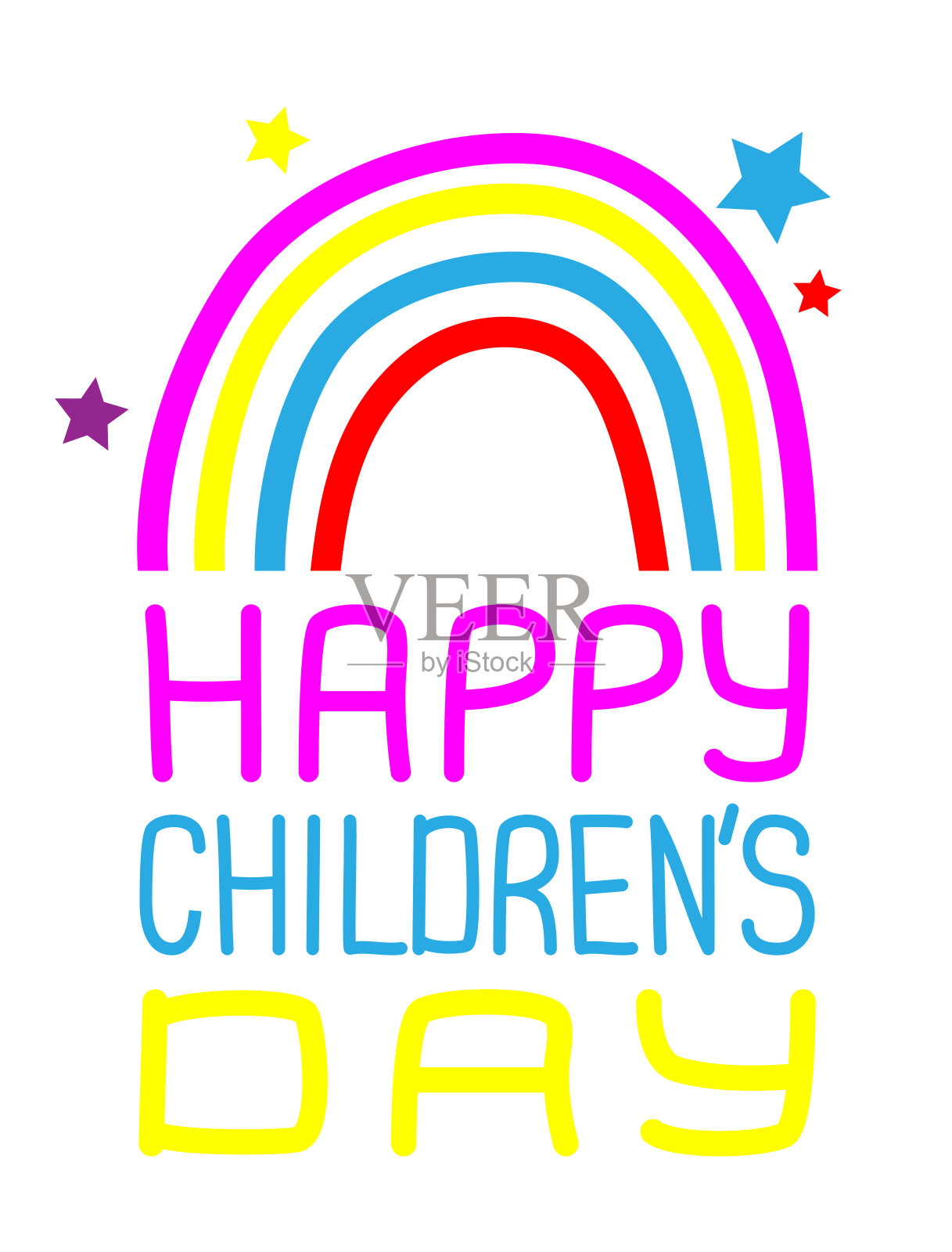 快乐的儿童节卡片手绘字母和彩虹的背景。插画图片素材