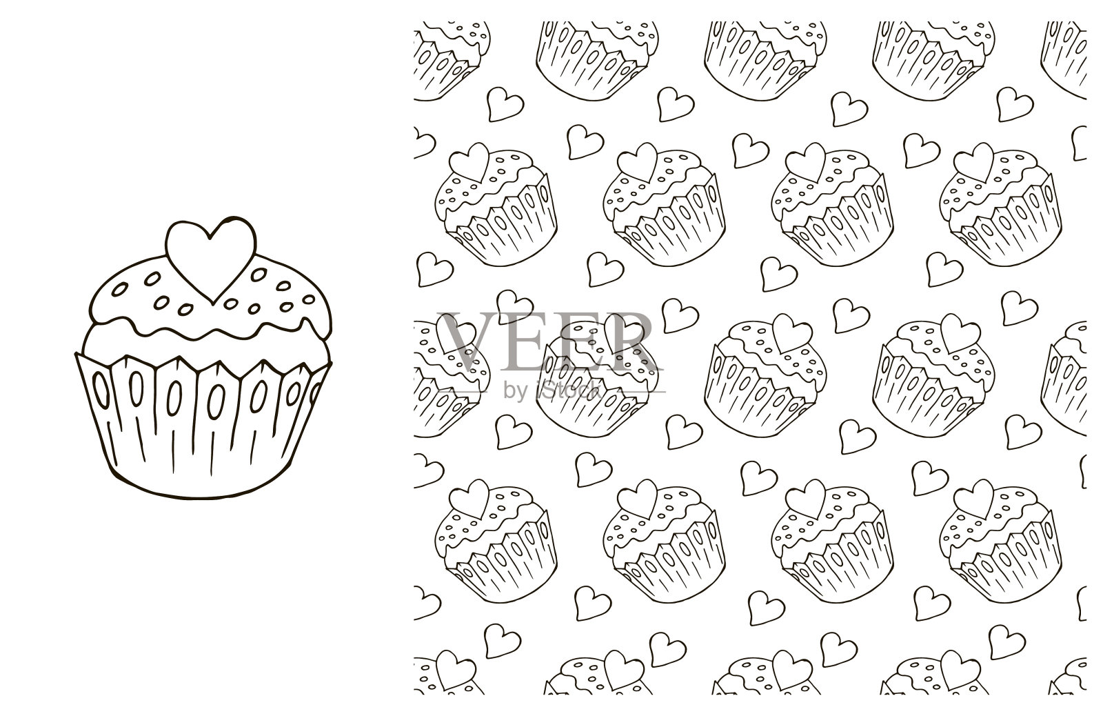 着色蛋糕。集合元素和无缝图案插画图片素材