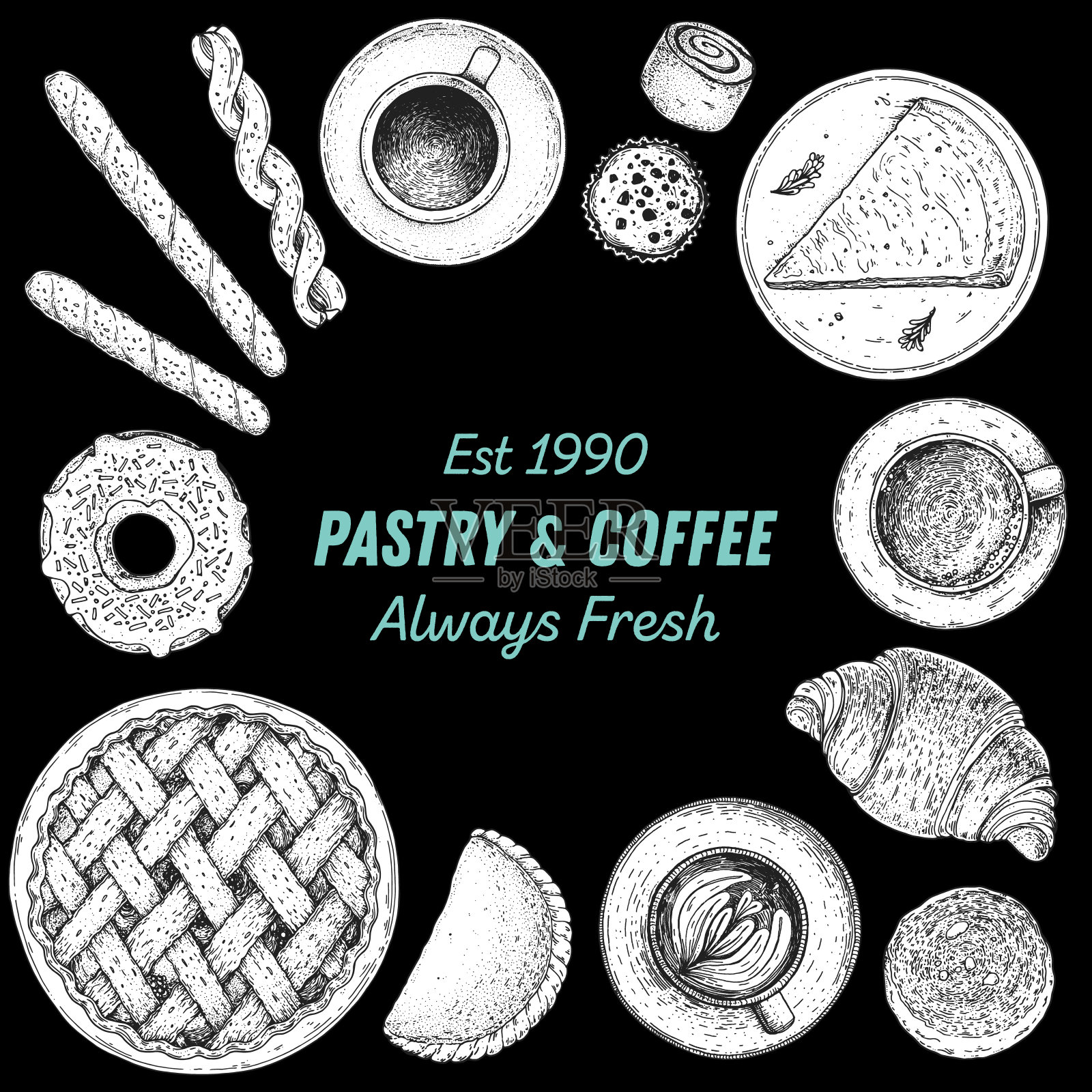 糕点和咖啡。咖啡厅的菜单。不同烘焙食品的插图。手绘矢量插图。面包店草图。背景模板的设计。食品雕刻的形象。前视图。插画图片素材