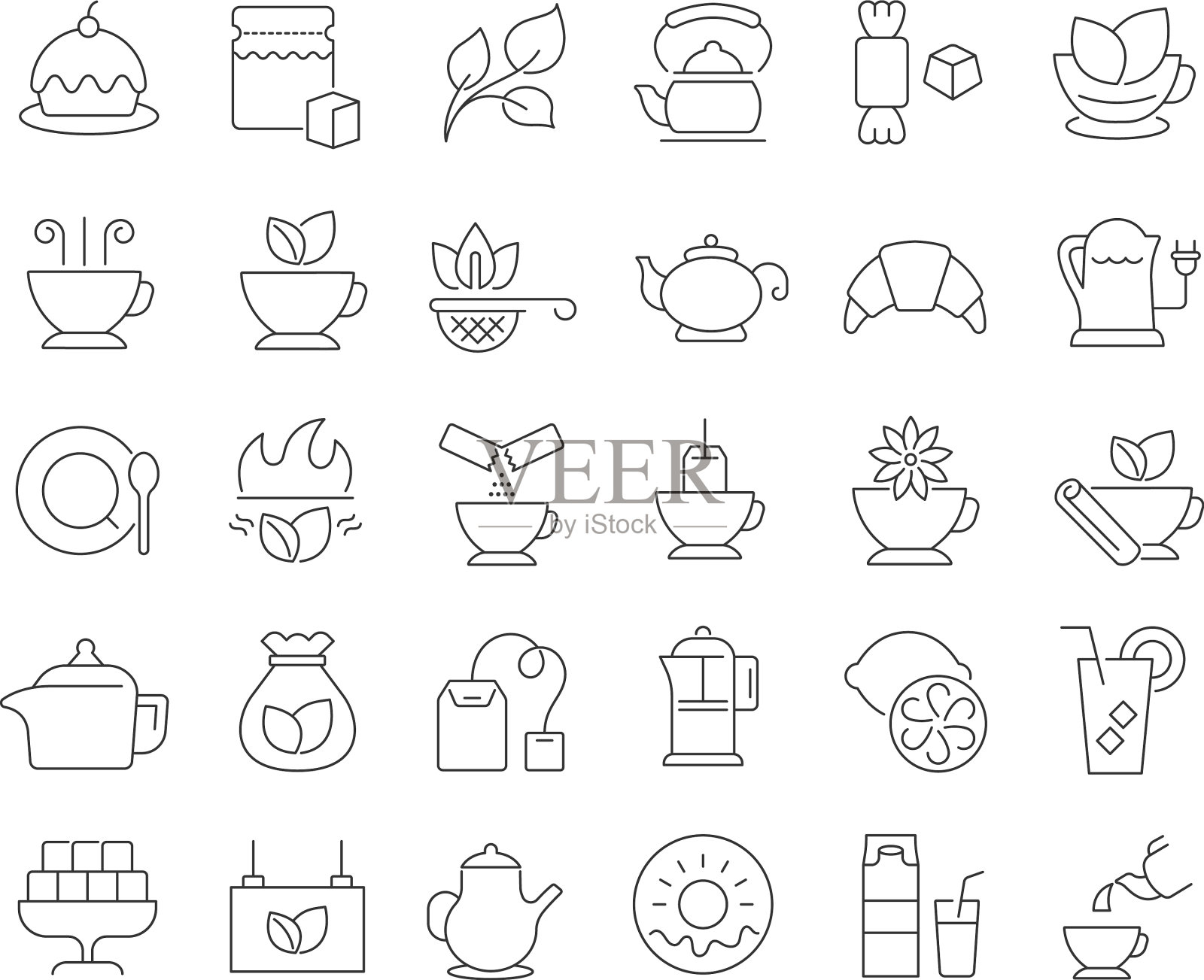 一套线性图标的茶图标素材