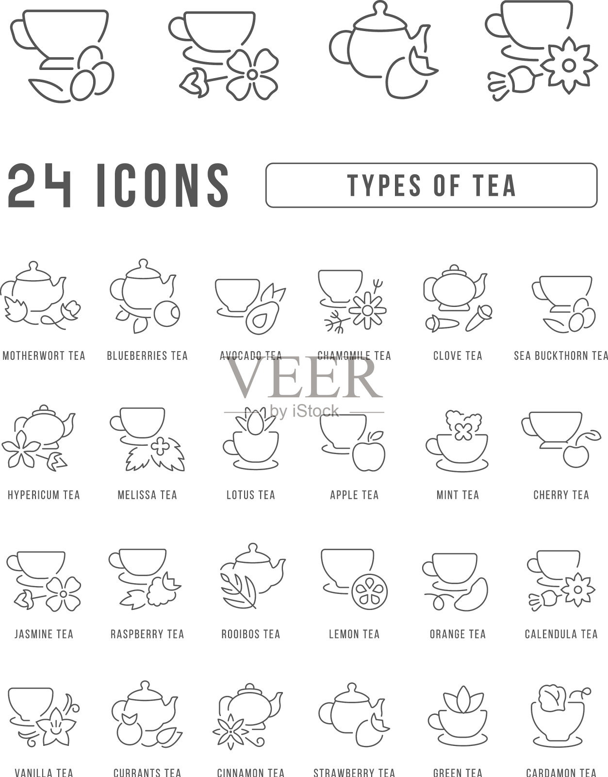 一套线性图标类型的茶图标素材