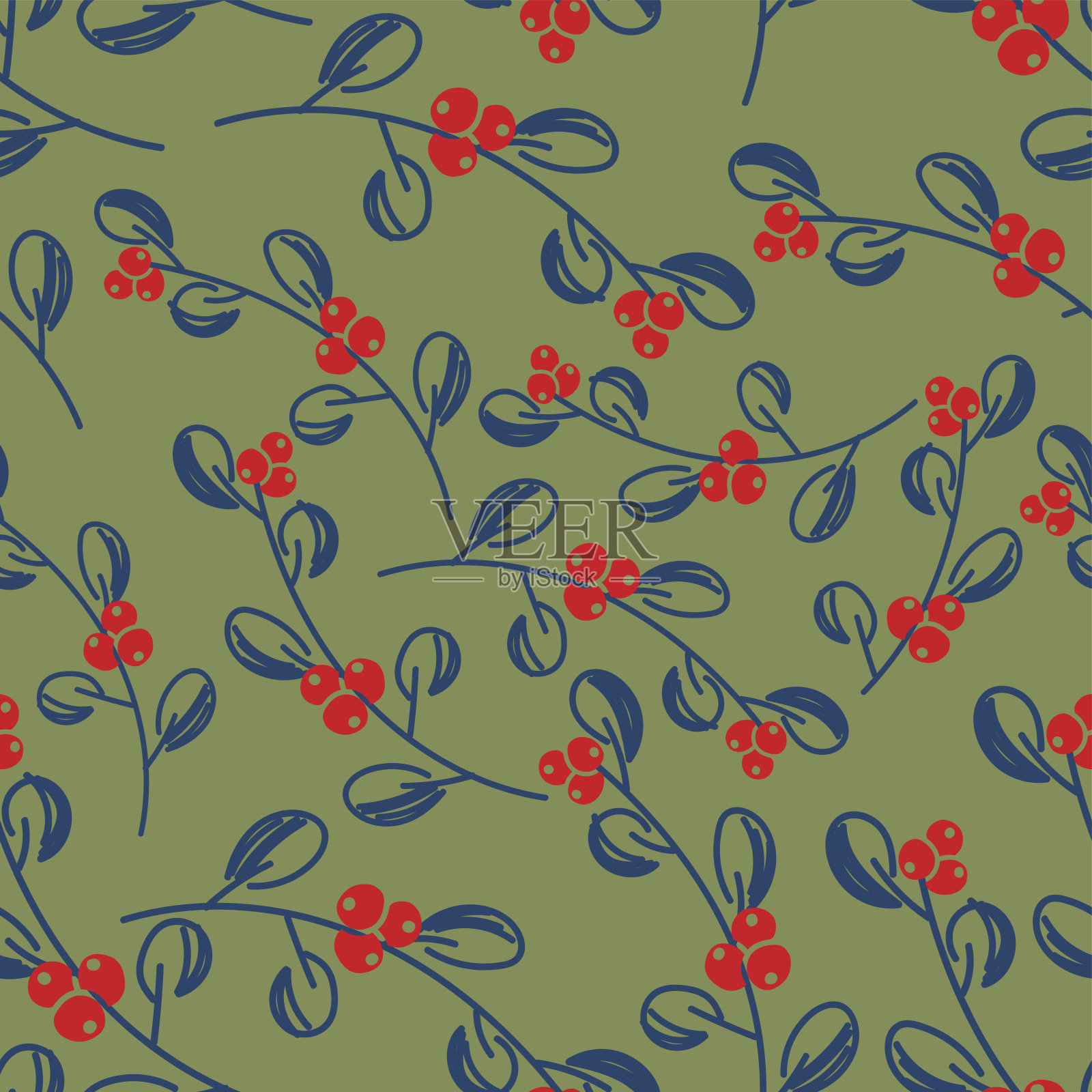 向量。圣诞快乐，新年快乐无缝图案槲寄生树叶，浆果，冬青树枝。无缝的冬季背景。设计包装纸，贺卡，纺织品，品牌。插画图片素材