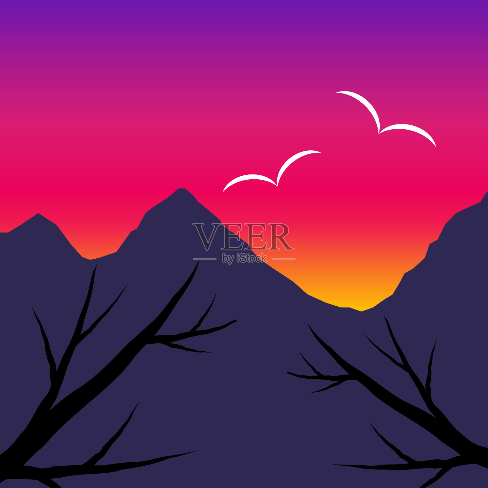 矢量景观与山的轮廓，树木，鸟类与日出或日落的天空。插画图片素材