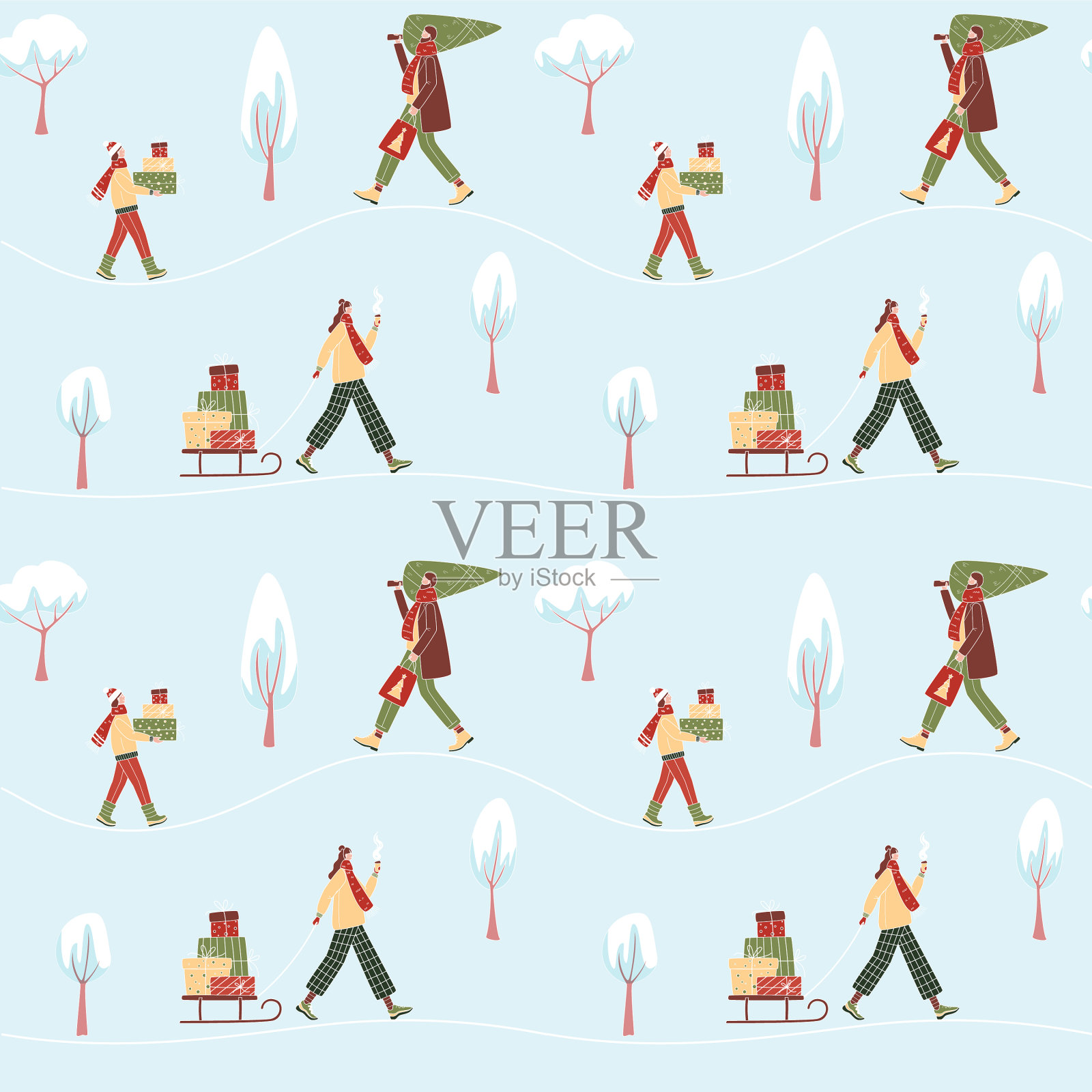 冬天无缝图案配人携礼插画图片素材