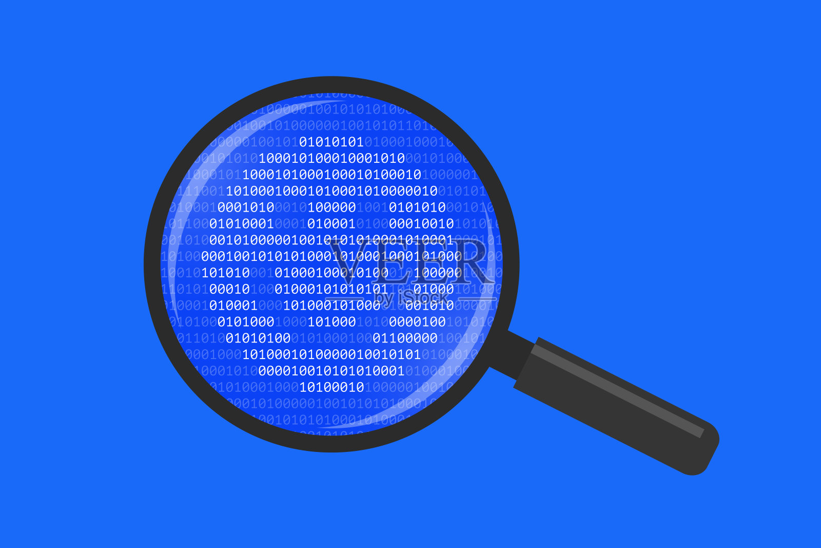 放大镜和快乐笑脸图标由二进制代码制成插画图片素材