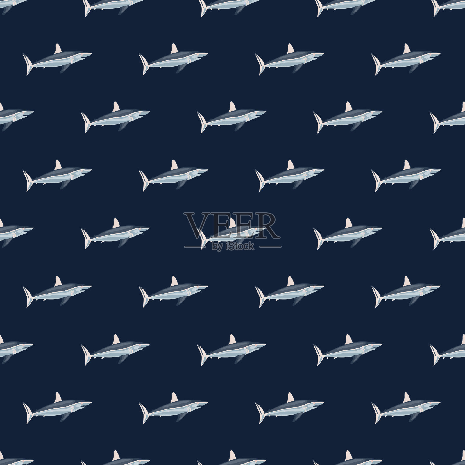 无缝图案鲨鱼灰鲭在深蓝色插画图片素材