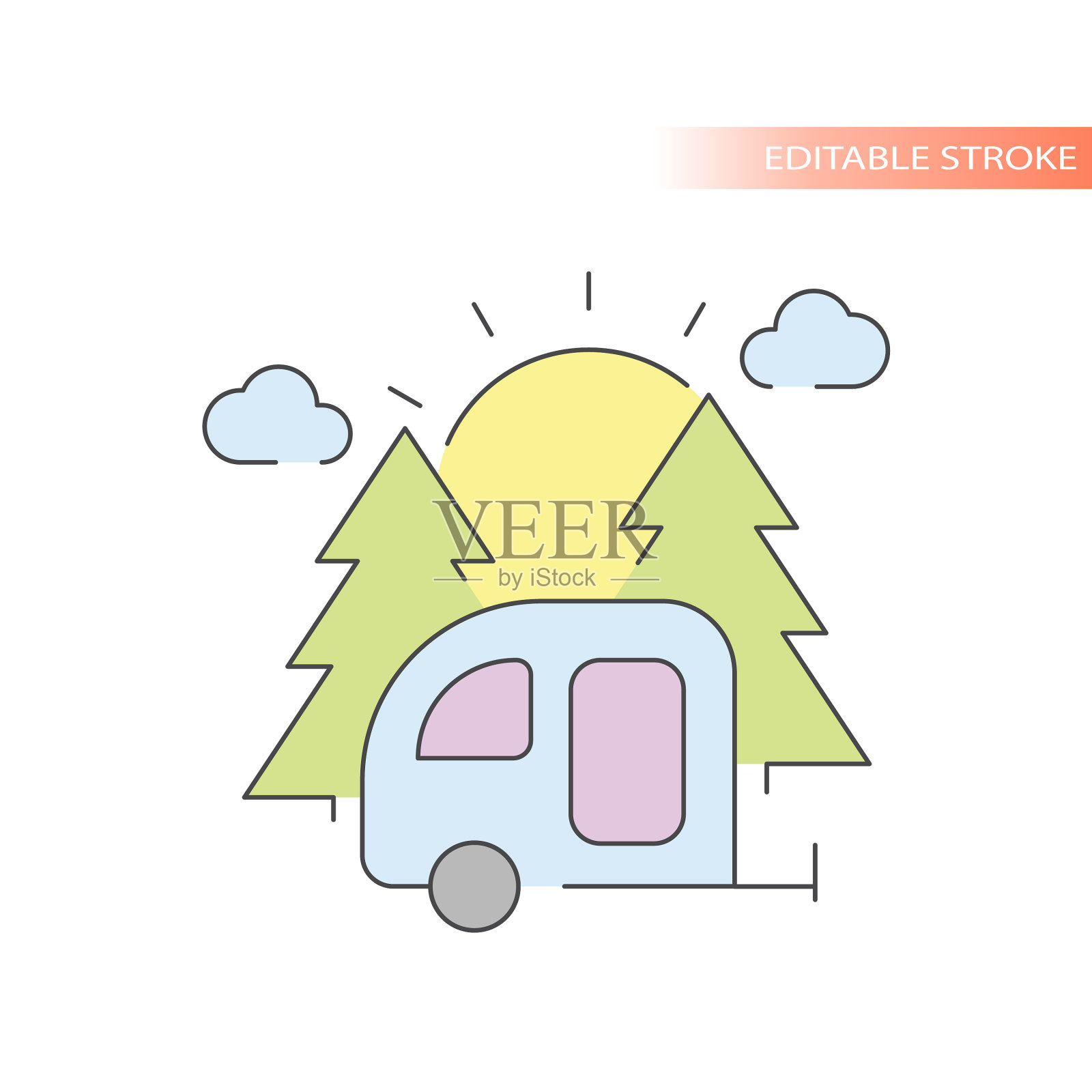 在大自然中有树木和阳光的野营拖车插画图片素材