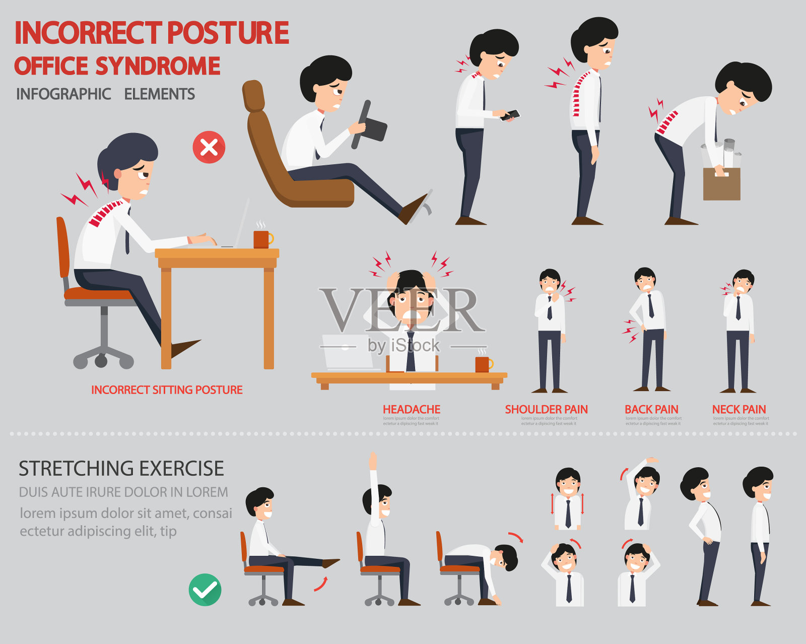 不正确的姿势和办公室综合症信息图插画图片素材