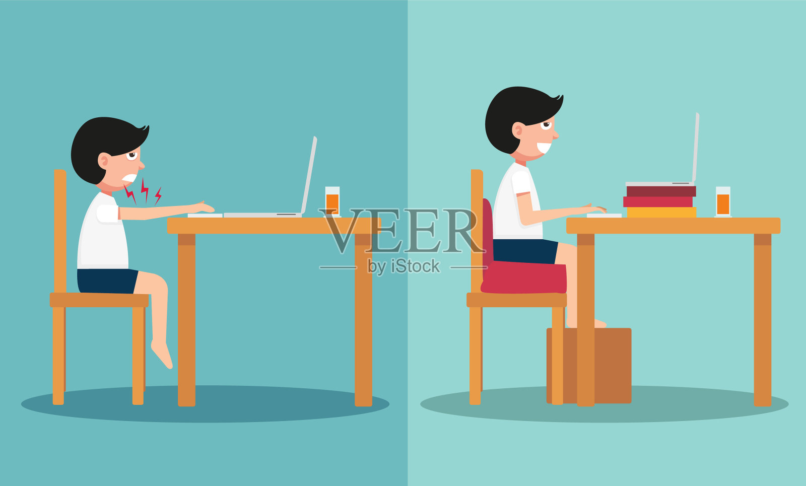 一个人正确和错误坐姿的样本插画图片素材