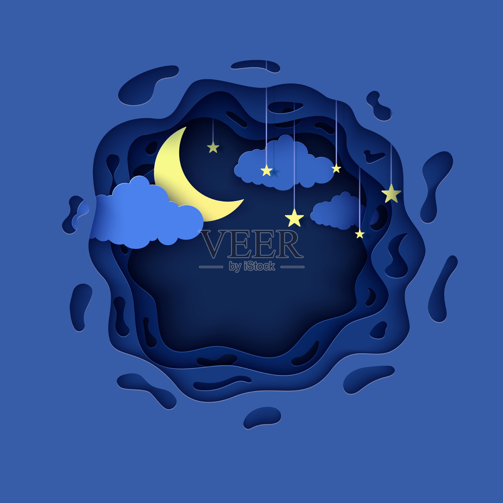 在剪纸风格的三维圆形夜空插画图片素材