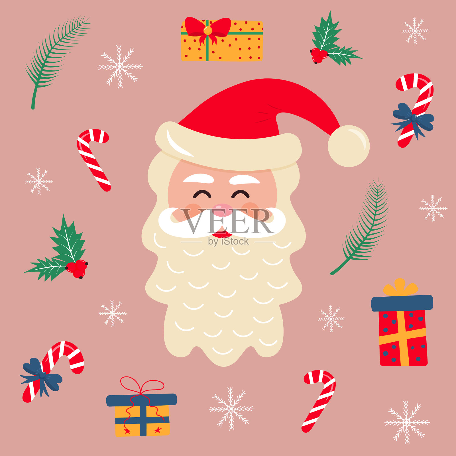 圣诞老人头上带着礼物糖果拐杖冬青插画图片素材