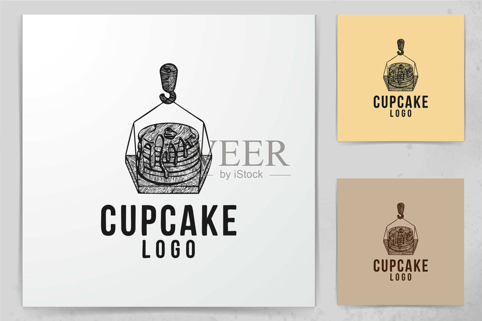 手绘融化的纸杯蛋糕和鹤的标志设计插画图片素材