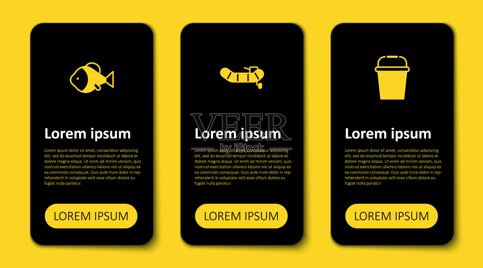 设置渔桶充气船与马达和插画图片素材