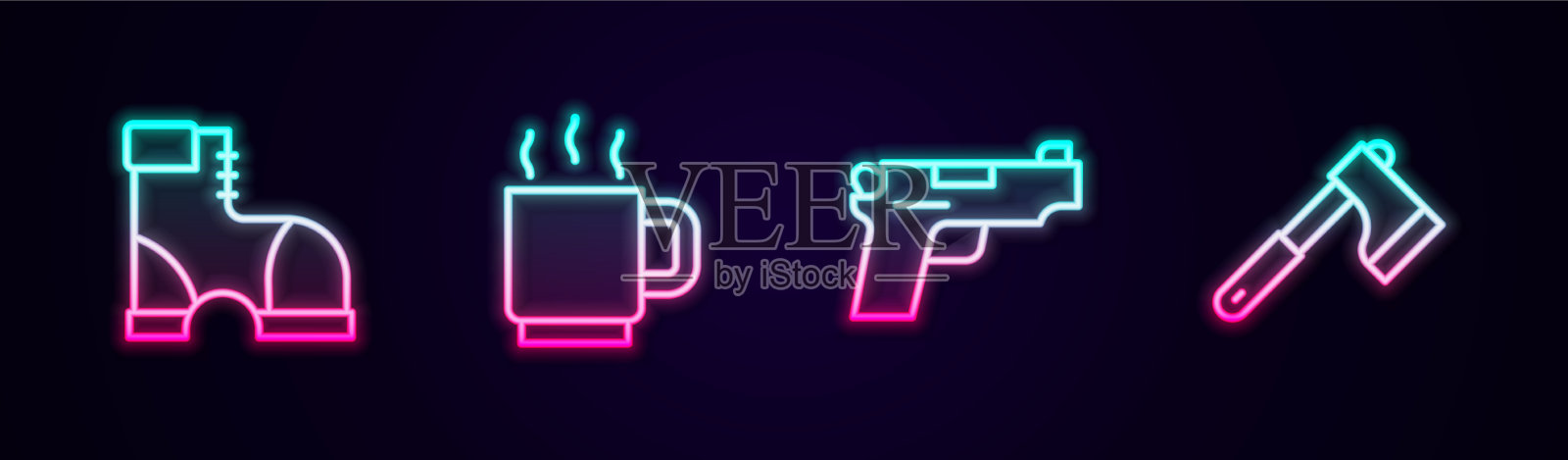 设置线猎人靴子咖啡杯手枪或枪图标素材