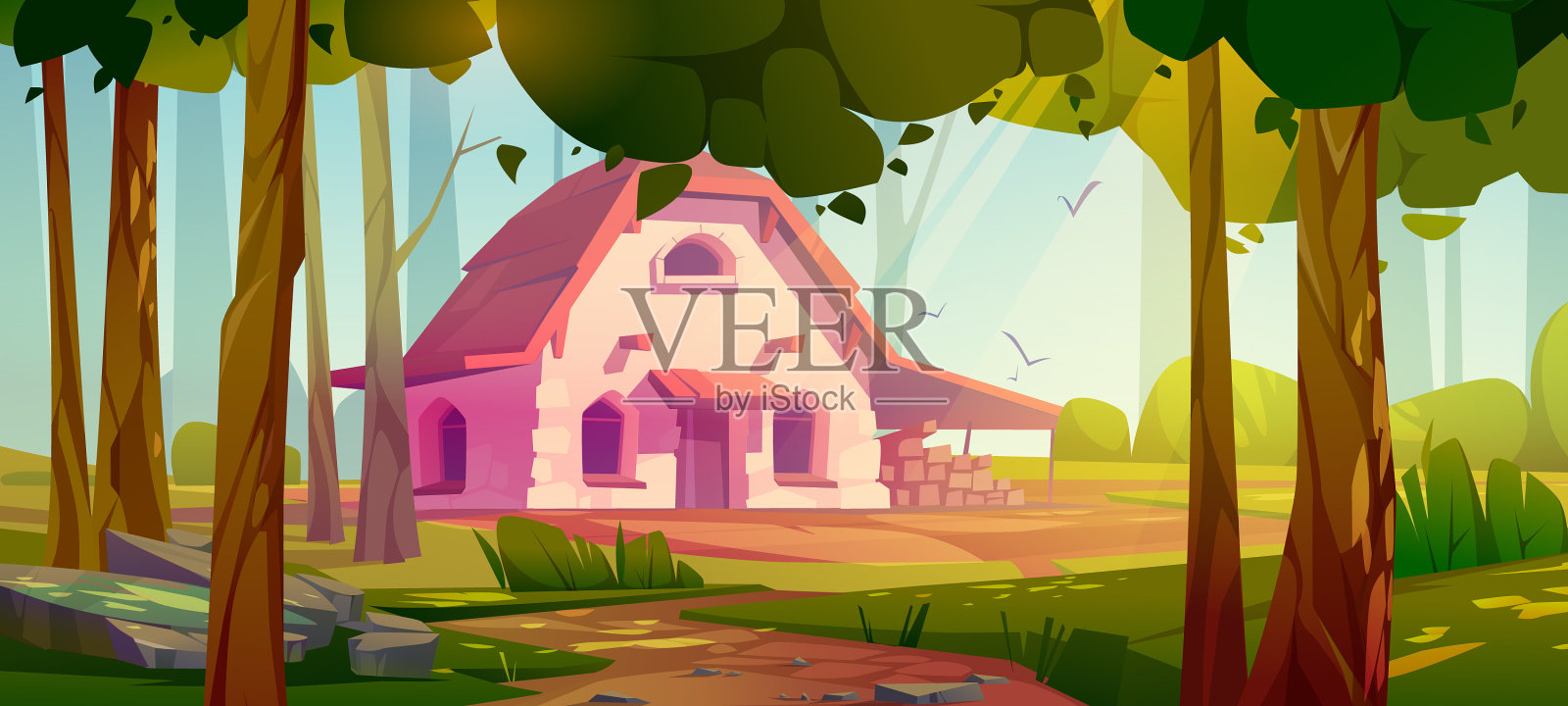 夏日森林与乡村别墅插画图片素材