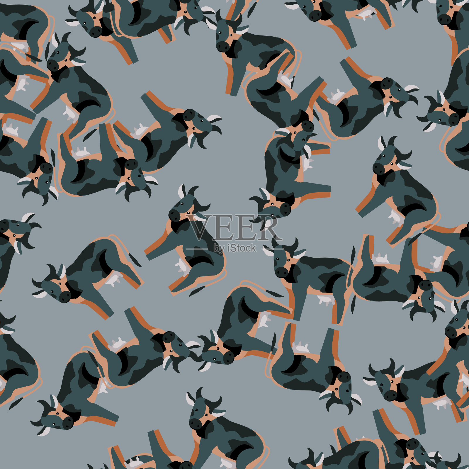 无缝模式奶牛在灰色背景抽象插画图片素材