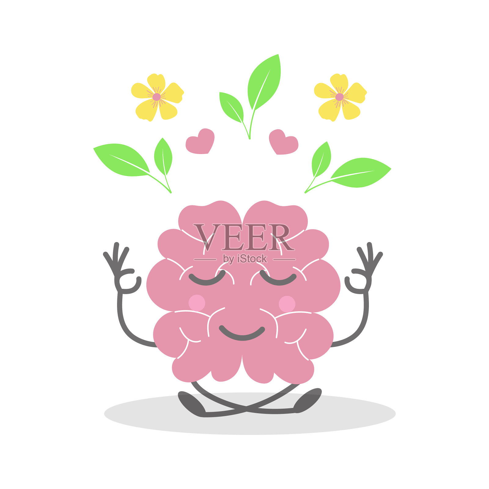 可爱的人类大脑在瑜伽姿势与树叶心插画图片素材