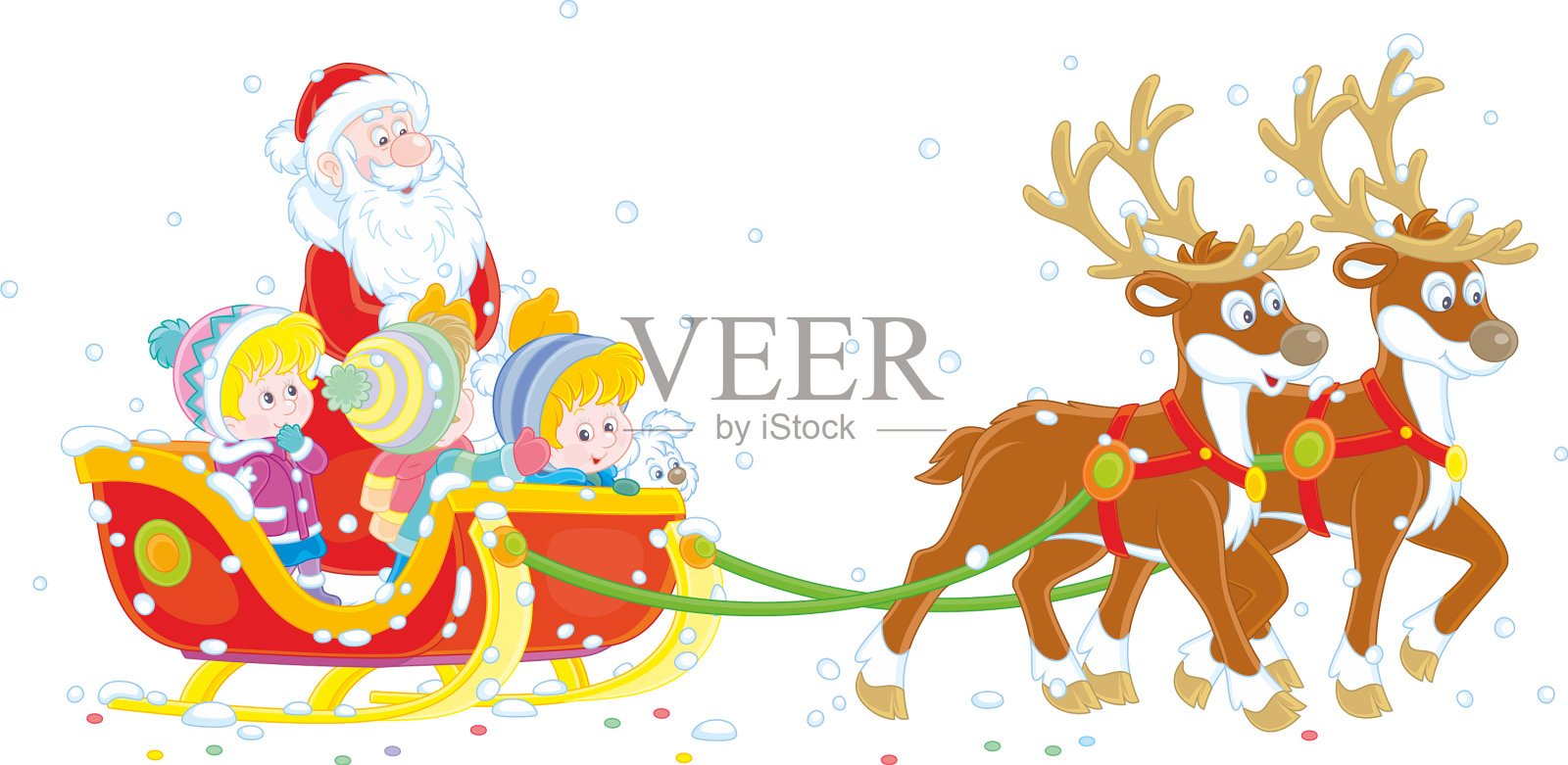 圣诞老人驾着魔法雪橇载着孩子们设计元素图片