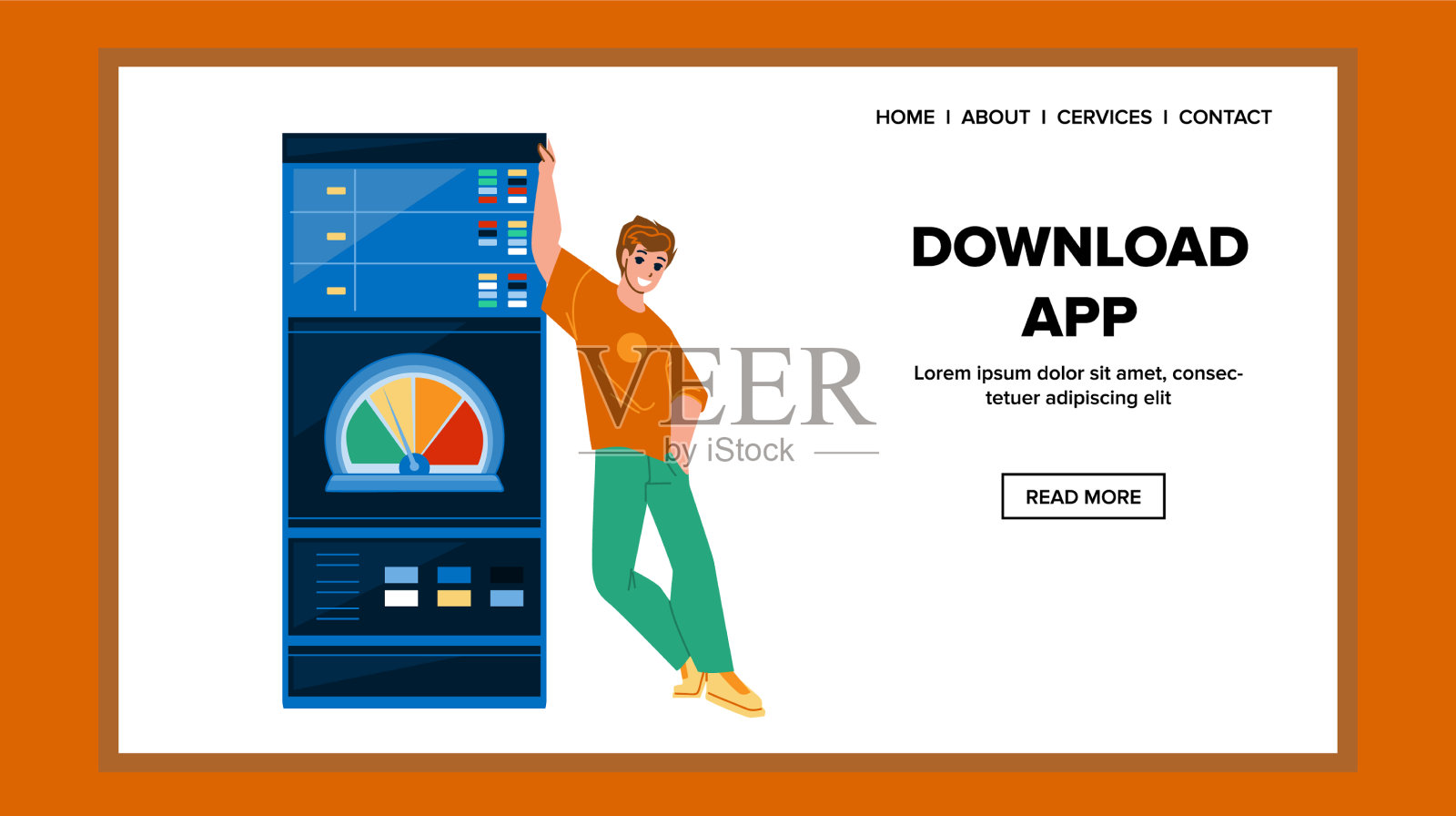 男子下载应用程序在移动电话设备设计模板素材