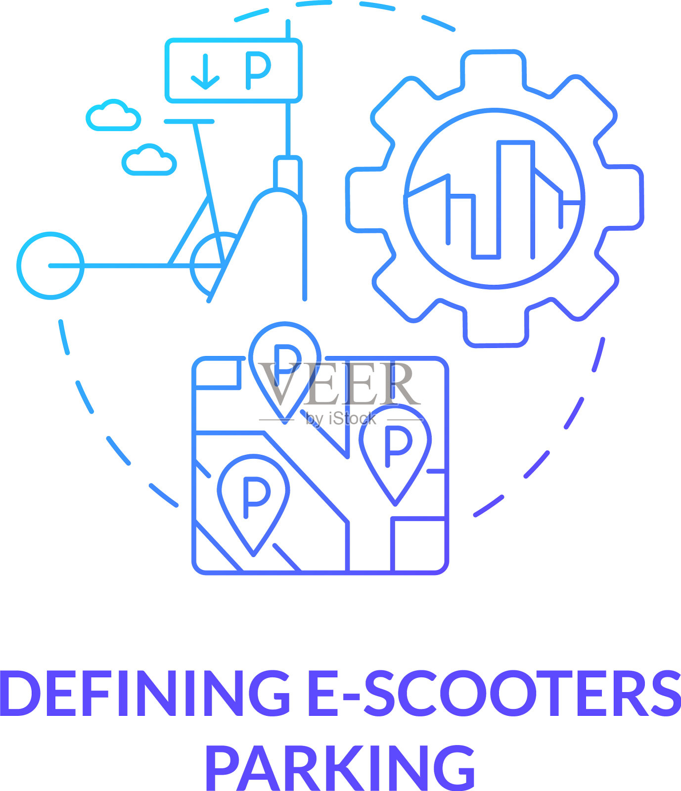 定义电动滑板车停车蓝色梯度概念插画图片素材