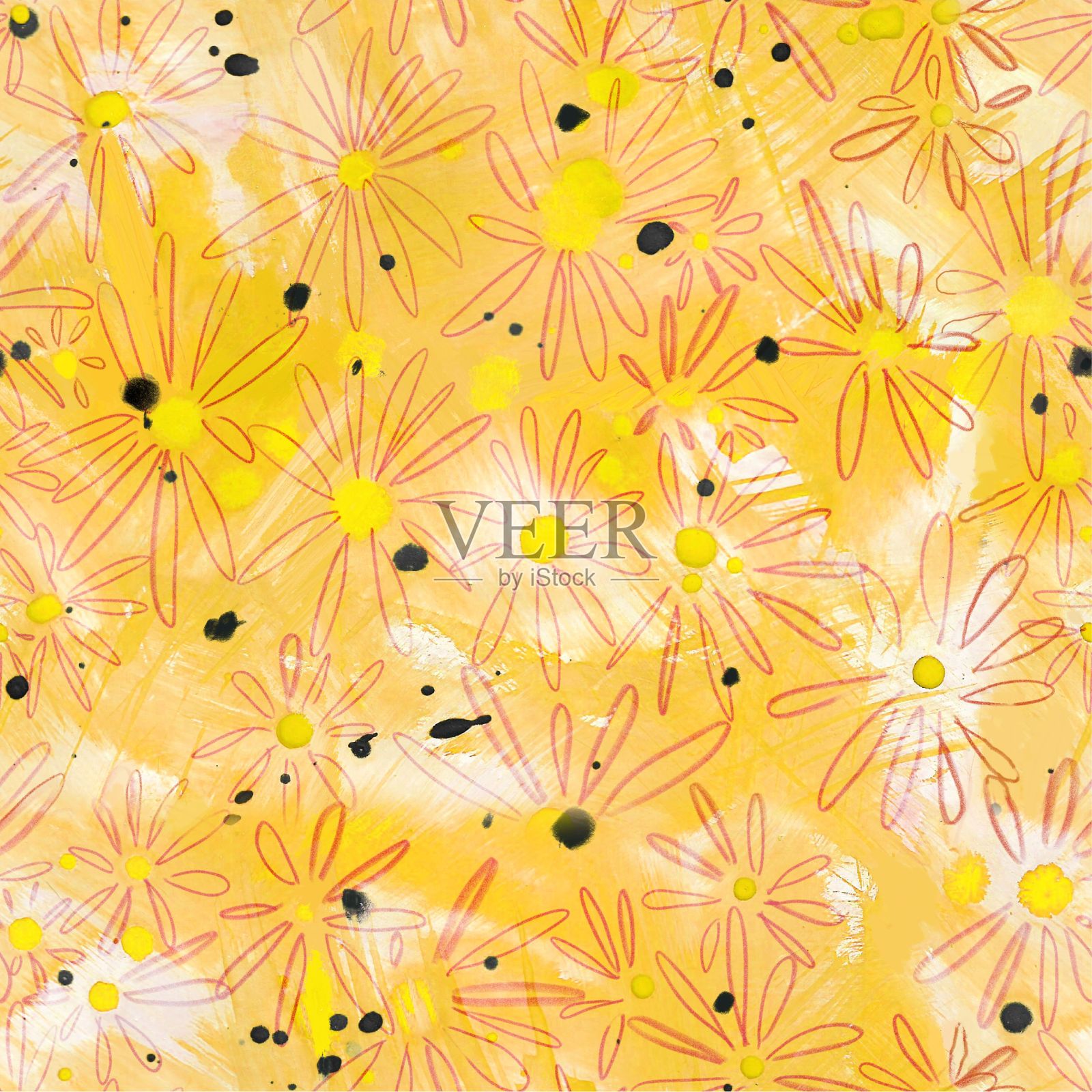 无缝模式。抽象。在黄色的背景，洋甘菊花黑色斑点。插画图片素材