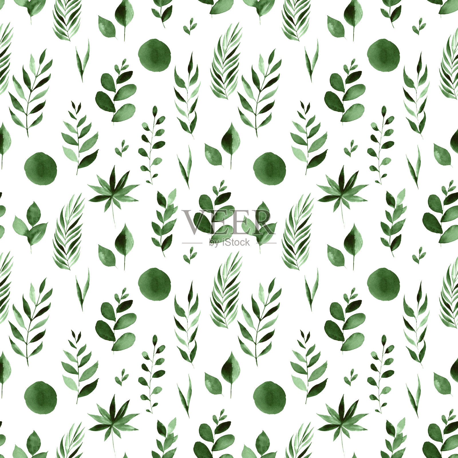 无缝水彩植物图案-绿叶和树枝组成的白色插画图片素材
