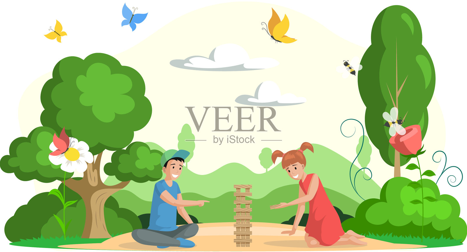 男孩和女孩在户外玩叠叠桌游设计元素图片