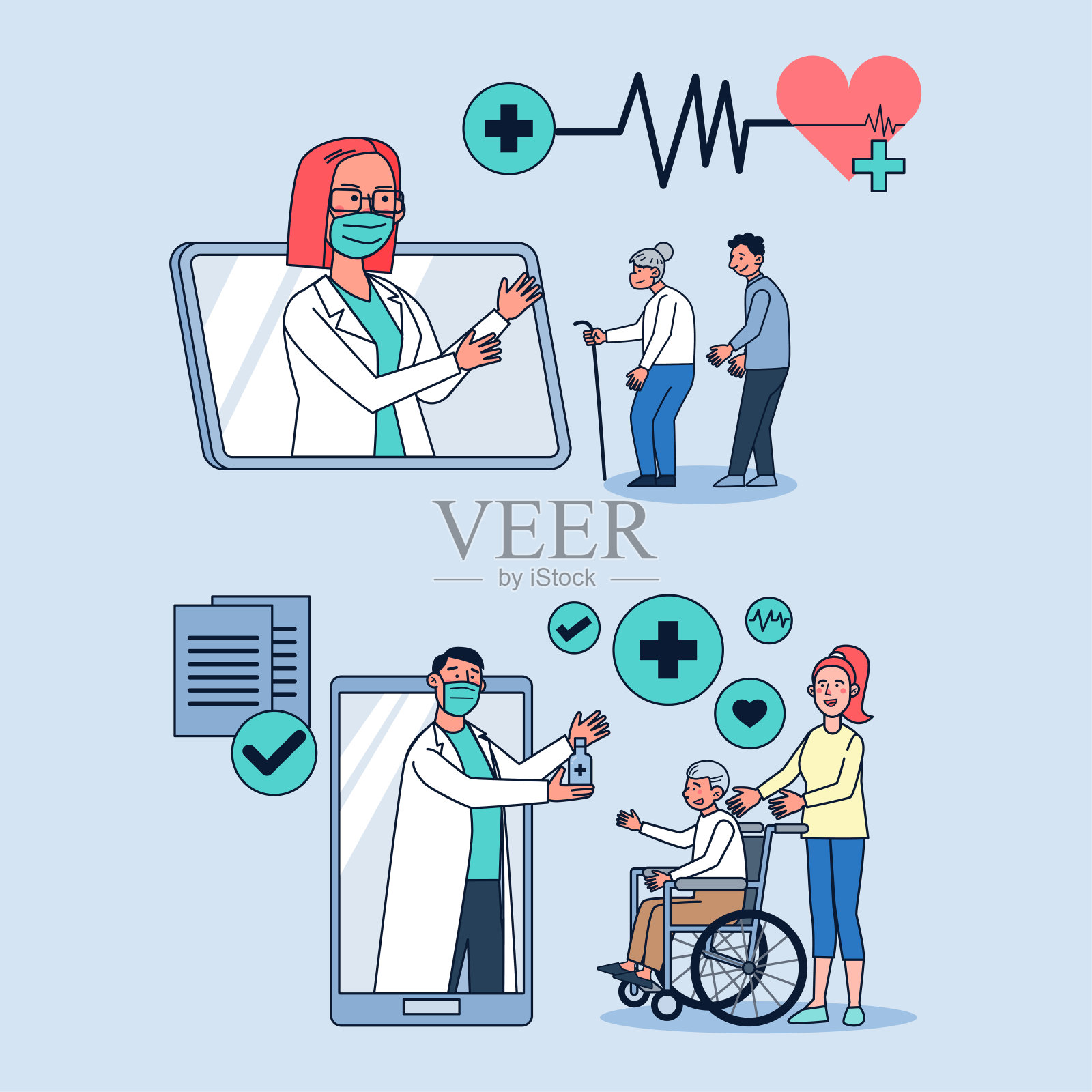 患者通过网上诊所咨询医生。插画图片素材