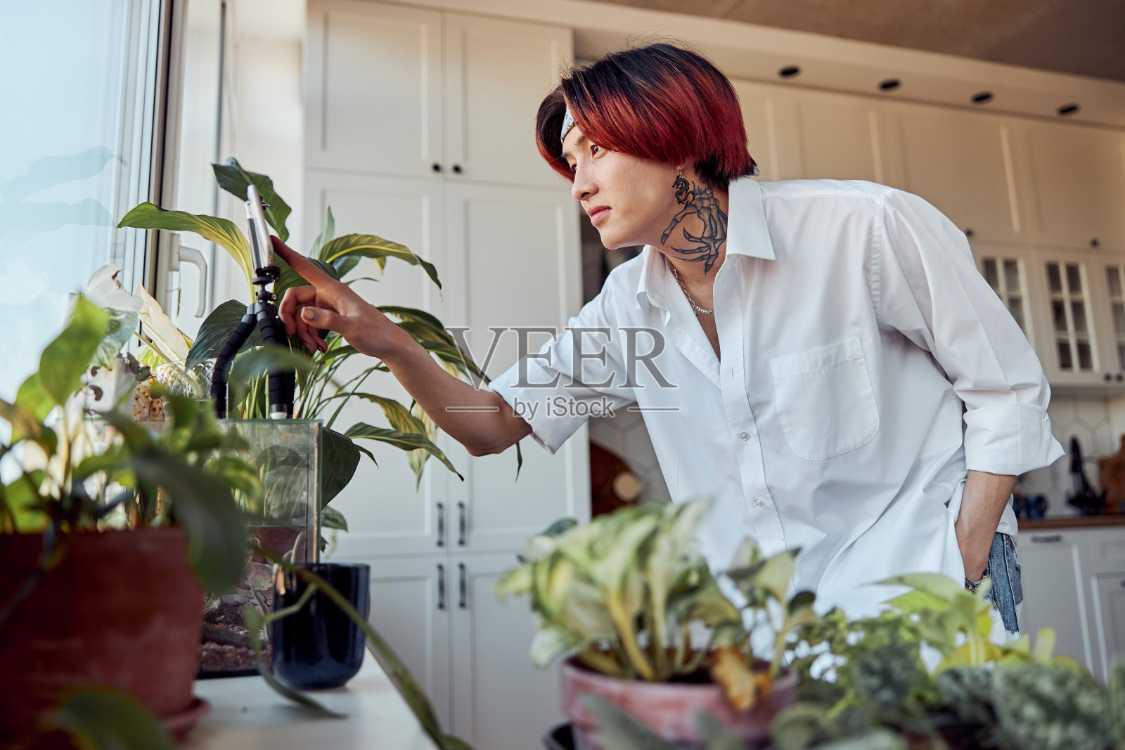 亚洲人用三脚架上的智能手机在家制作视频照片摄影图片