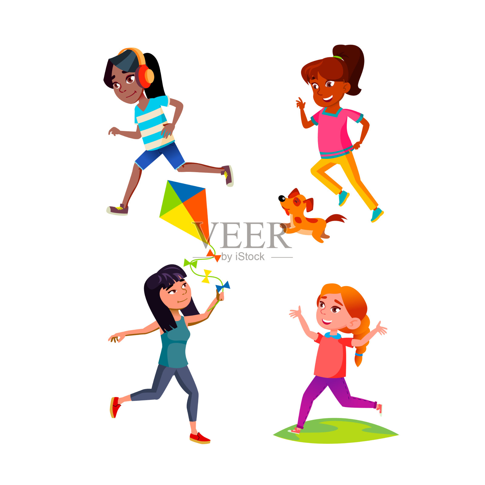 学校女生青少年户外跑步设置插画图片素材