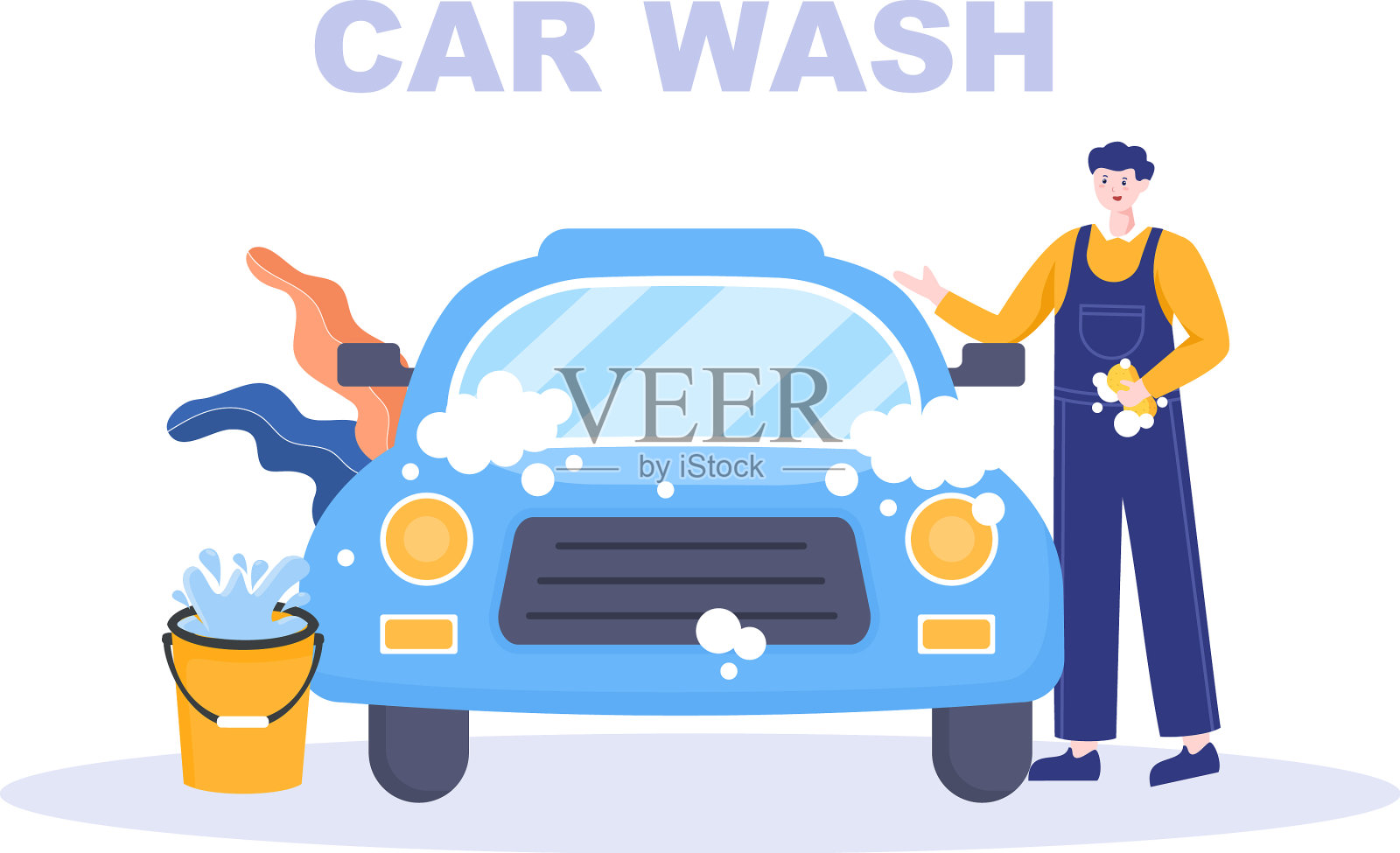 洗车服务平面设计工人洗车插画图片素材