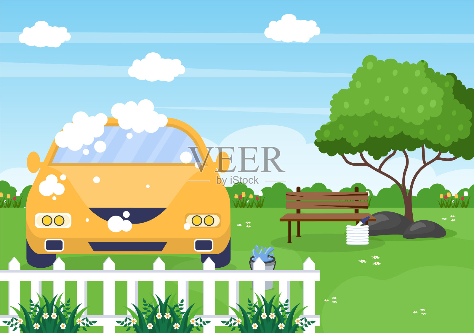 洗车服务平面设计工人洗车插画图片素材