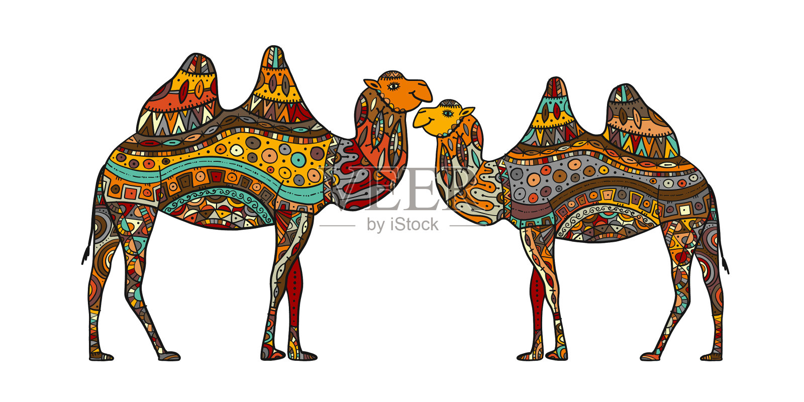 手绘一对骆驼五颜六色的花样设计元素图片