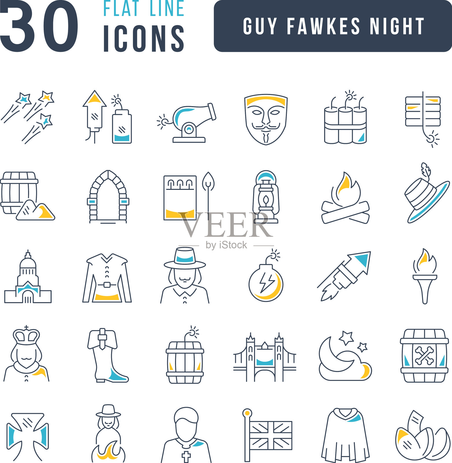 盖伊·福克斯之夜的一套线性图标图标素材