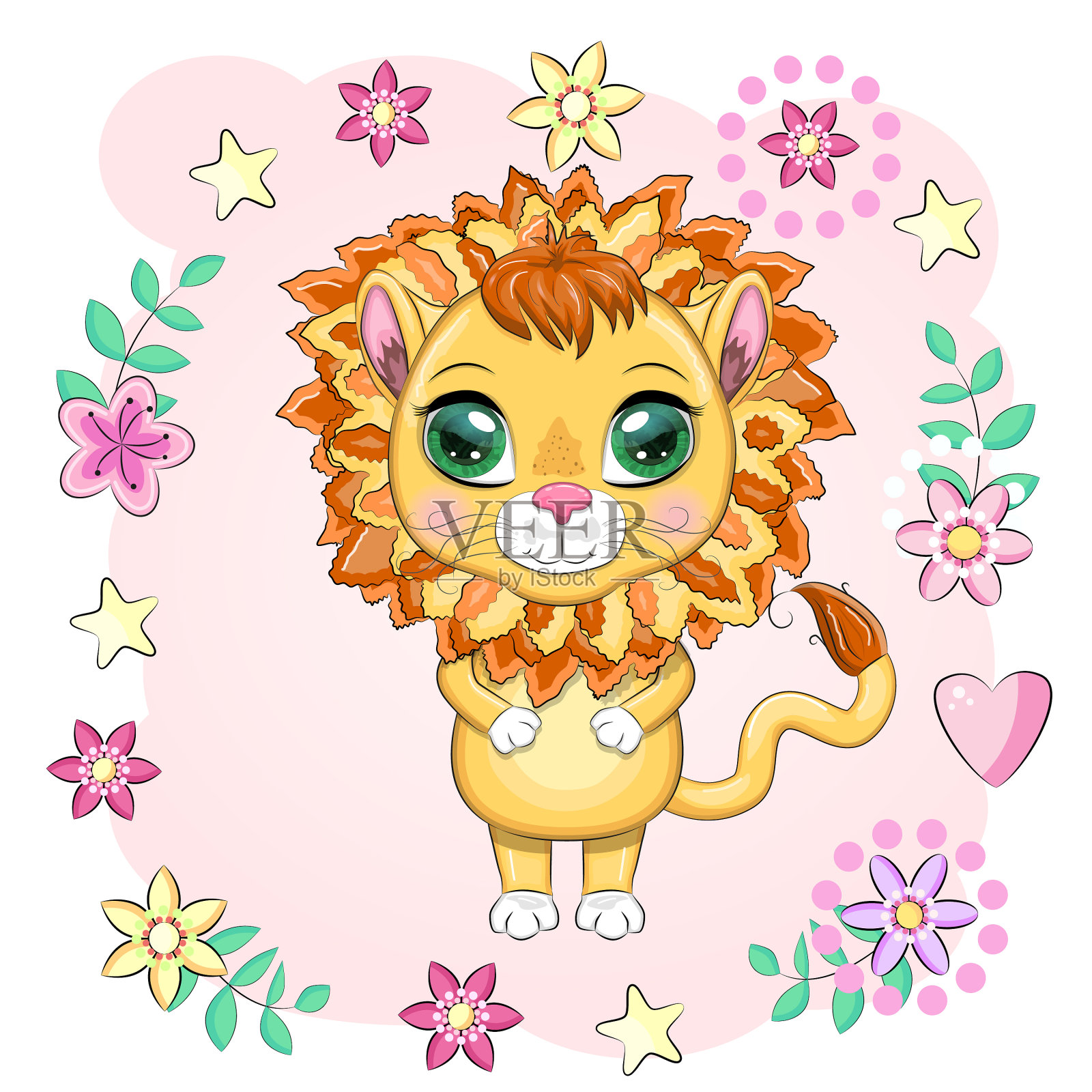 卡通狮子和富有表情的眼睛野生动物设计元素图片