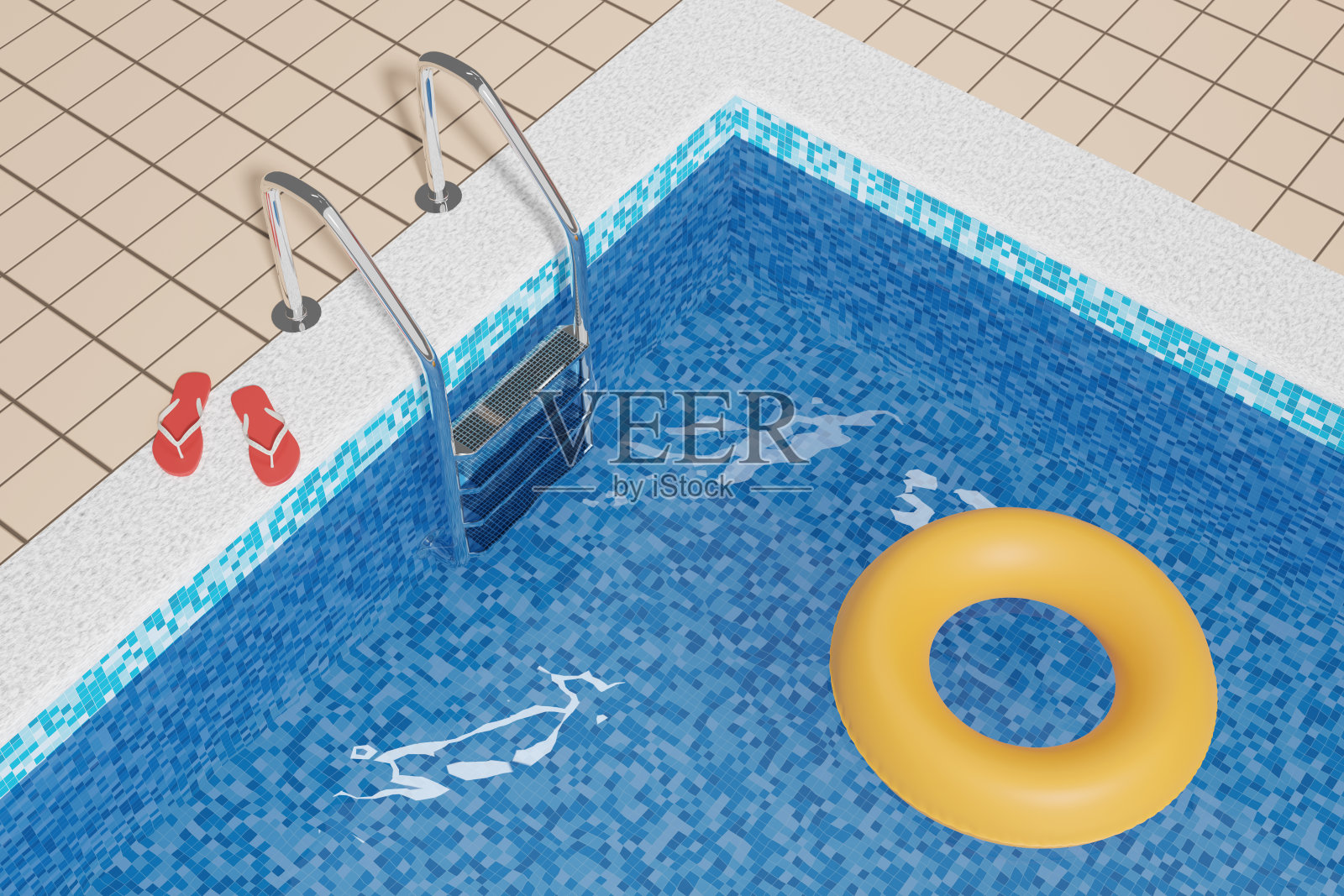 黄色的浮子漂浮在池塘里。夏天的概念。3 d演示。照片摄影图片