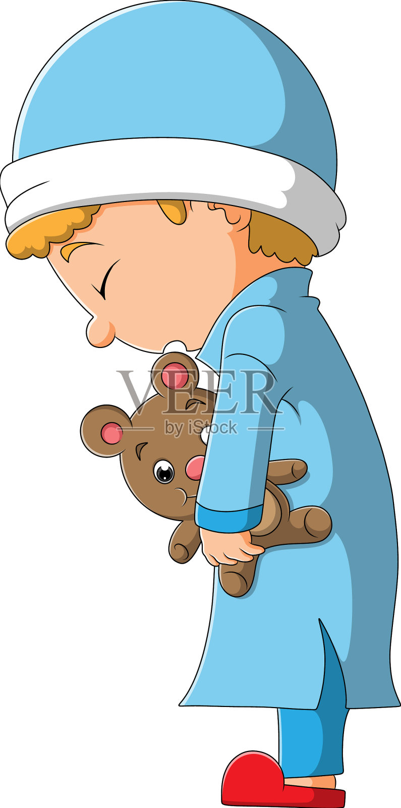 瞌睡的男孩站着抱着洋娃娃设计元素图片