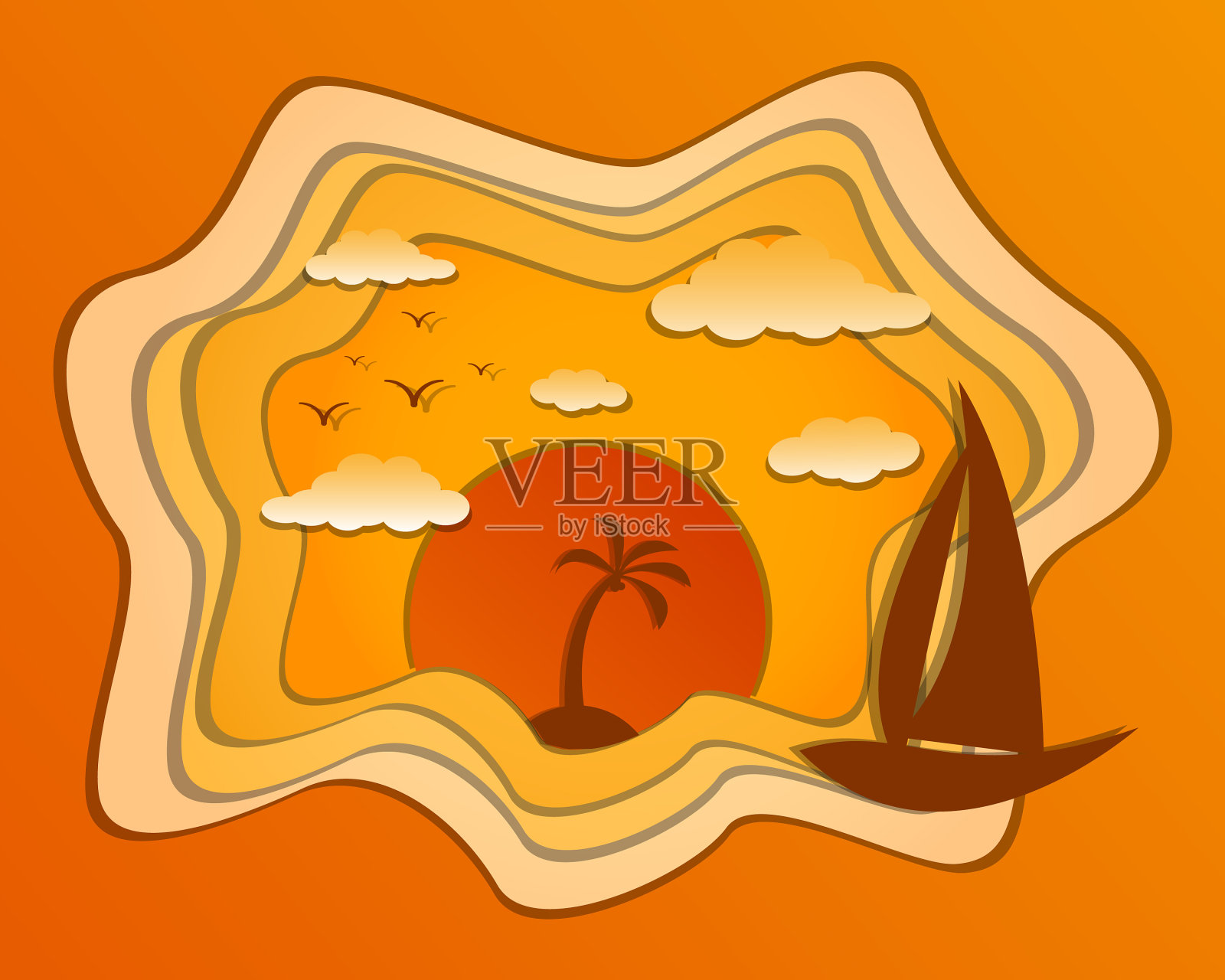 日落与椰子树剪纸风格图标素材