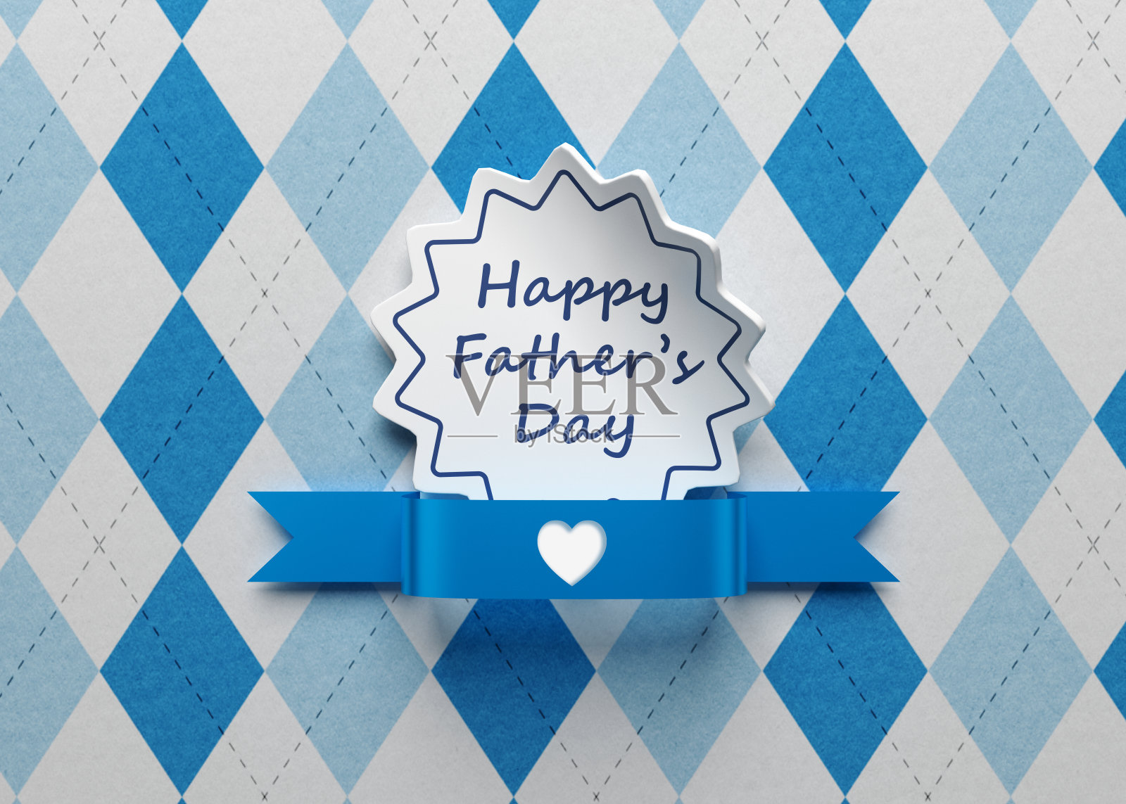 圆形卡图标和丝带上的蓝色格纹布背景。照片摄影图片