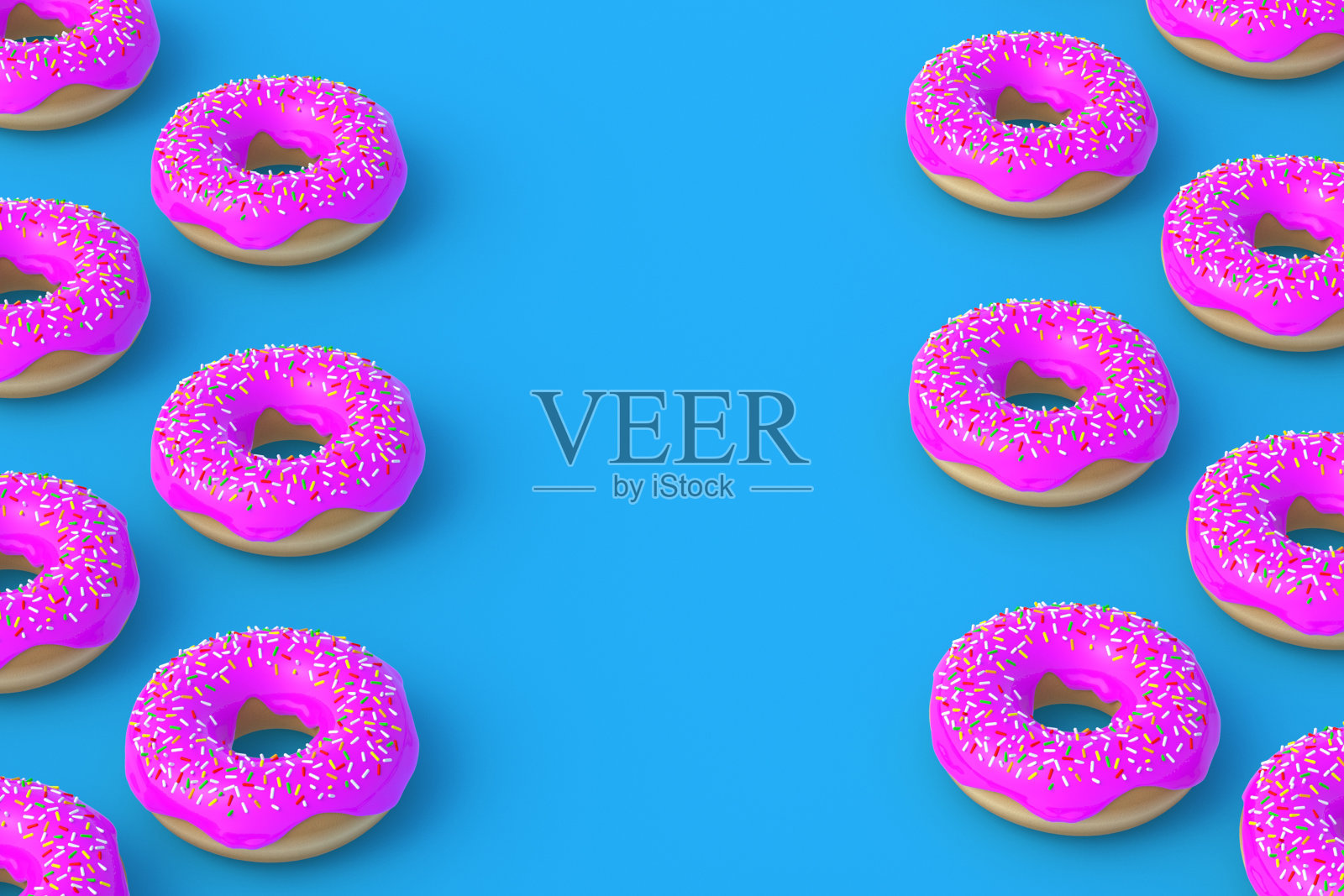 蓝色背景上有很多甜甜圈。自制的面包店。休息时间。甜的甜点。快餐。副本的空间。三维渲染照片摄影图片