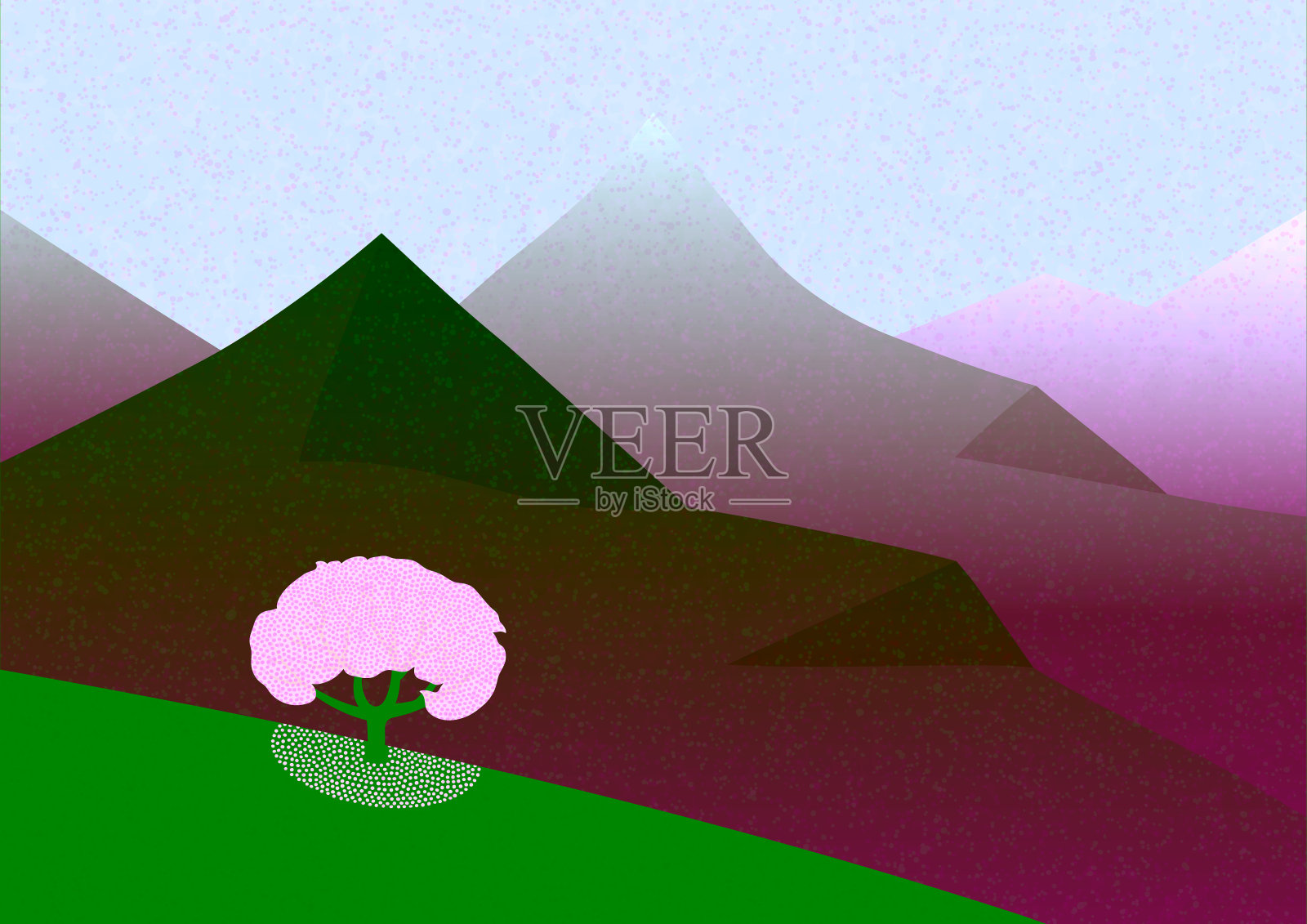 孤独的粉红色开花树在山上插画图片素材