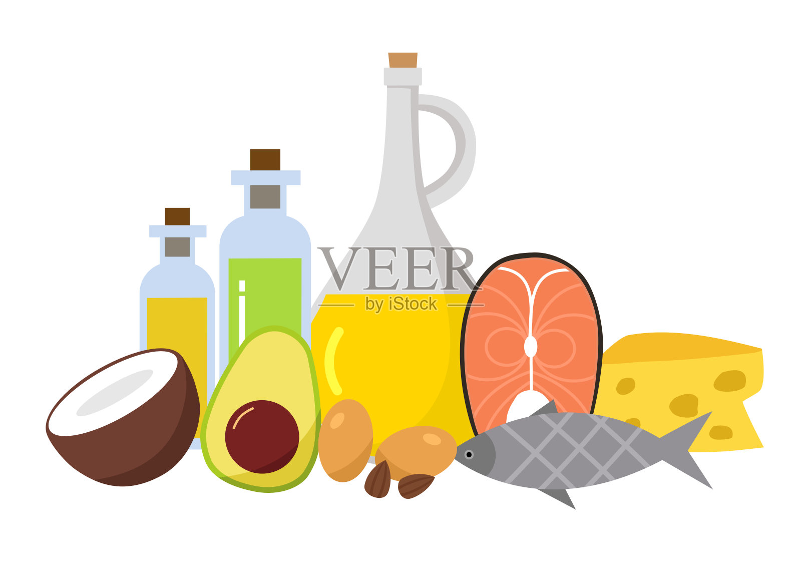健康脂肪食品概念向量插图。奶酪，油，鱼，鳄梨，鲑鱼，鸡蛋和椰子在白色背景平面设计。插画图片素材