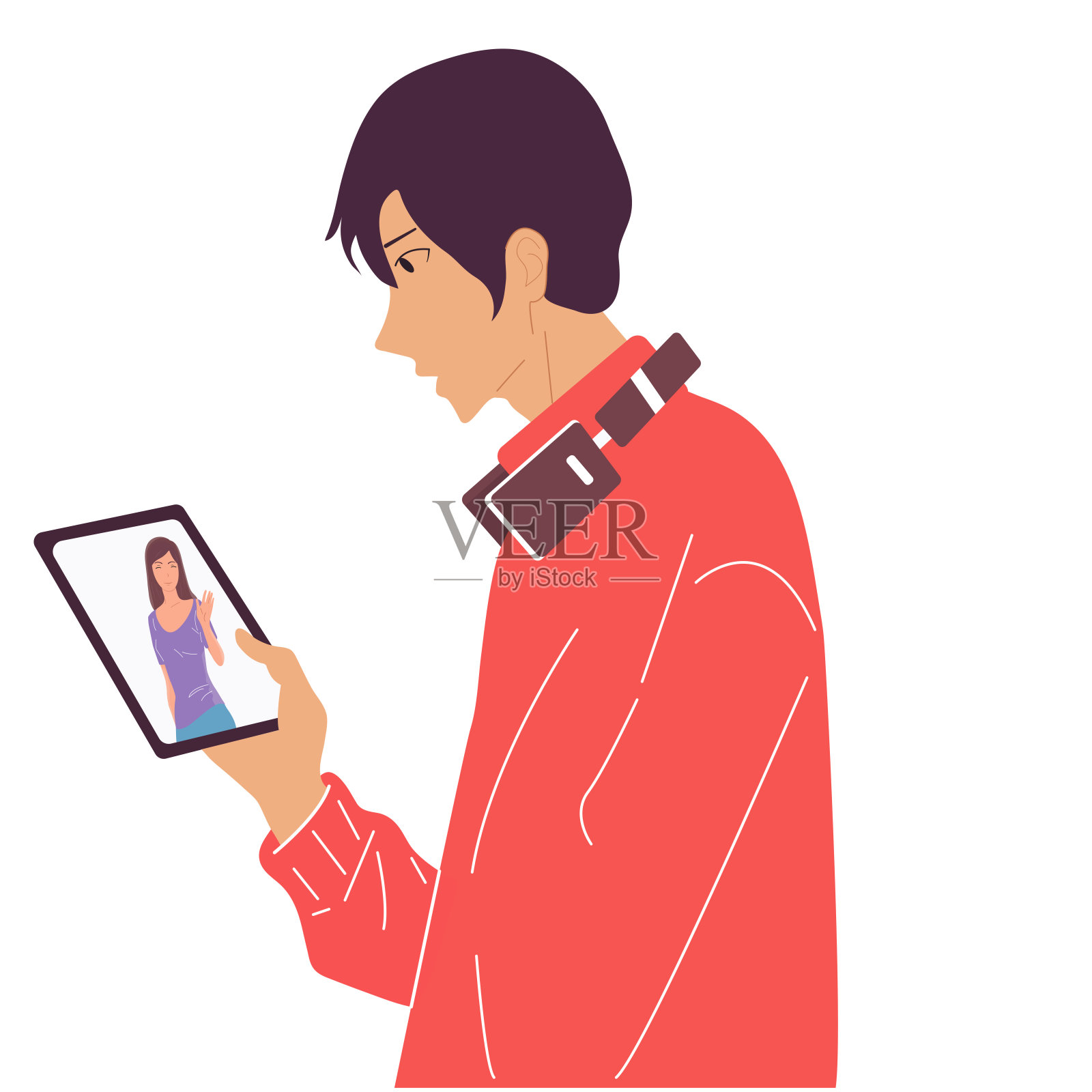 使用手机或平板电脑的概念。人们通过视频通话或写消息来交流插画图片素材