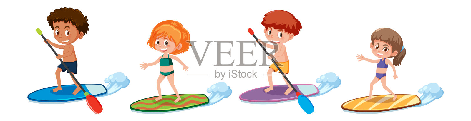 一套不同的儿童卡通人物在夏天的主题设计元素图片