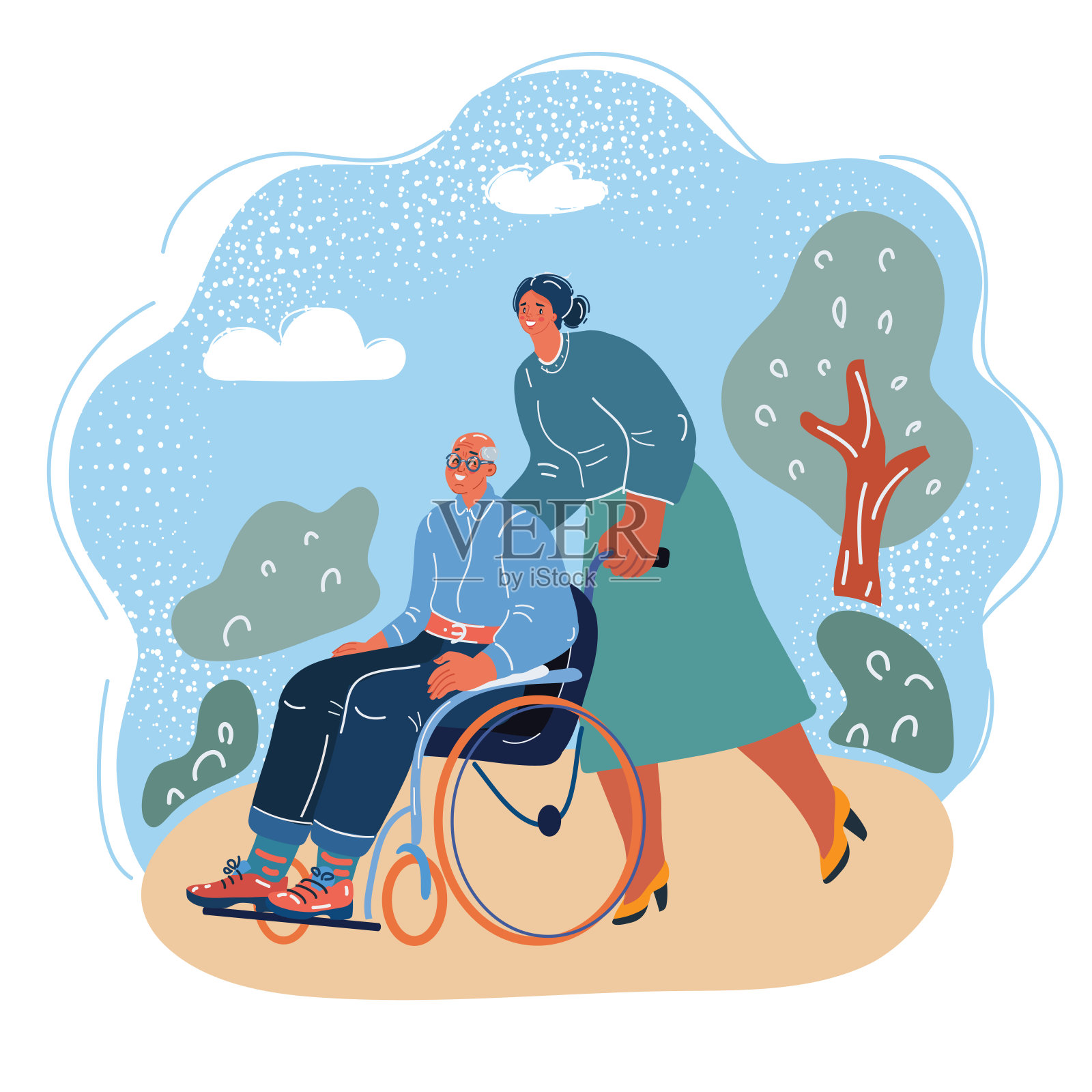 矢量插图的女人帮助一个老人推轮椅在公园设计元素图片