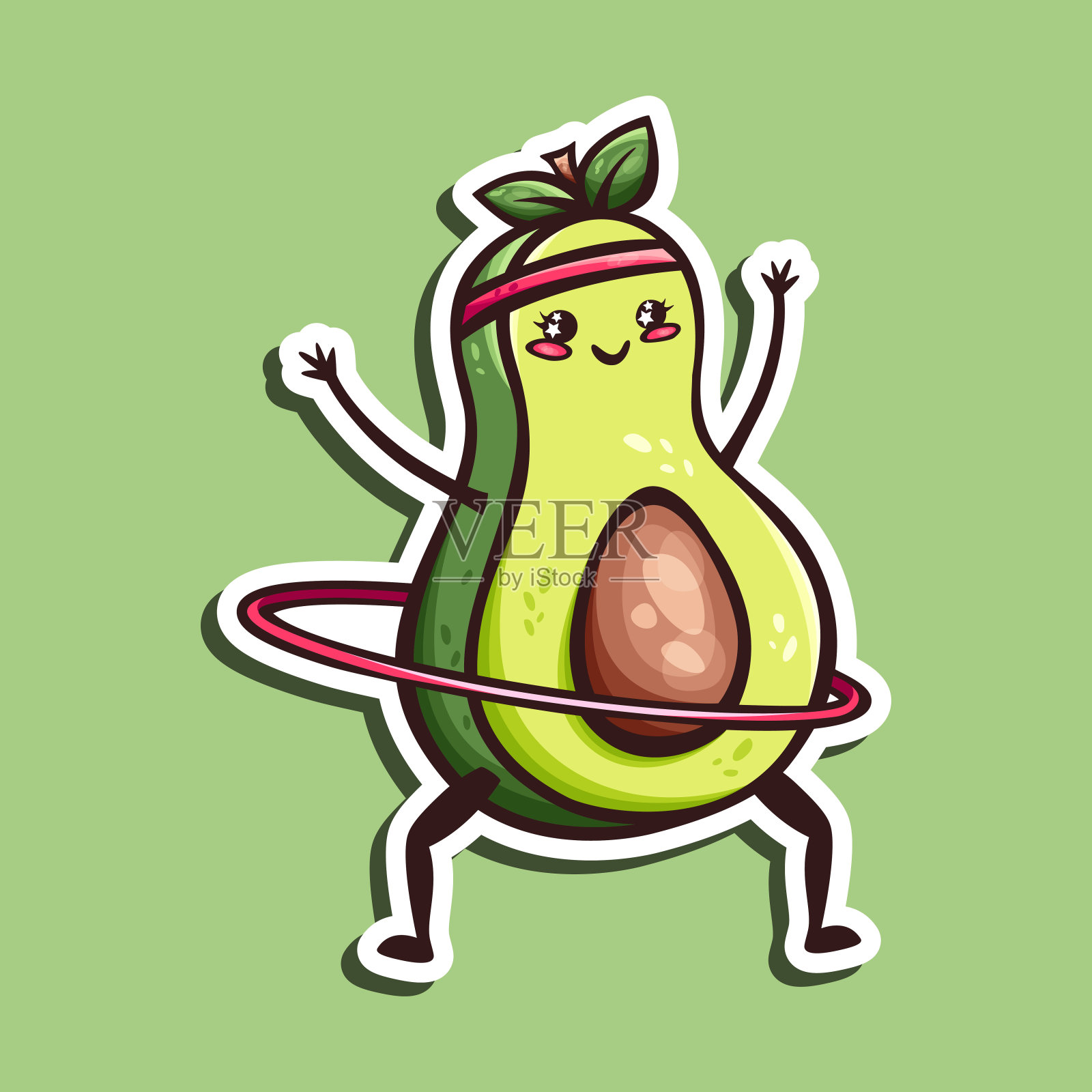 可爱卡哇伊鳄梨手绘贴纸涂鸦风格旋转呼啦圈。可爱的牛油果贴纸，图标，吉祥物或标志。插画图片素材