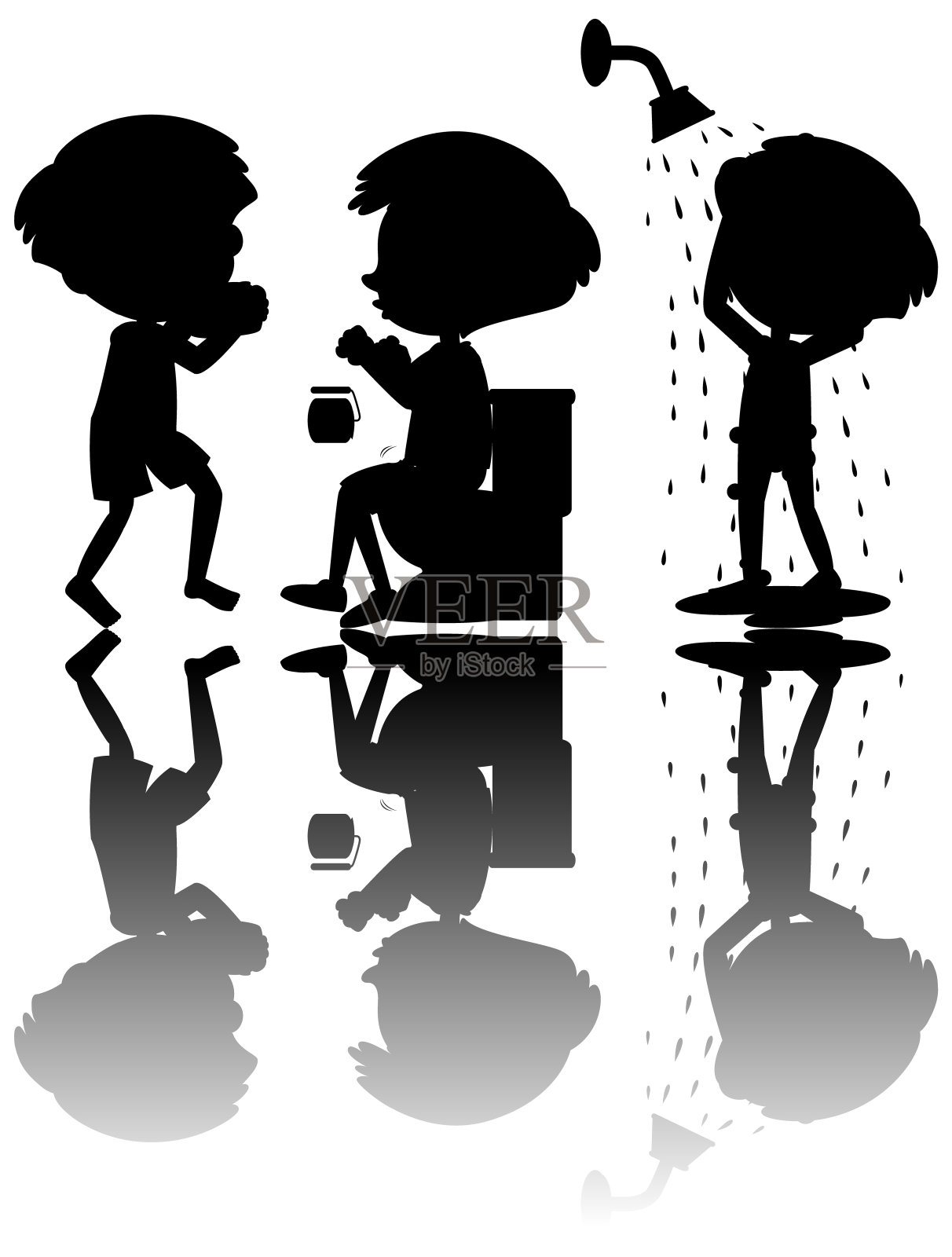 一组孩子的剪影与反射的白色背景插画图片素材