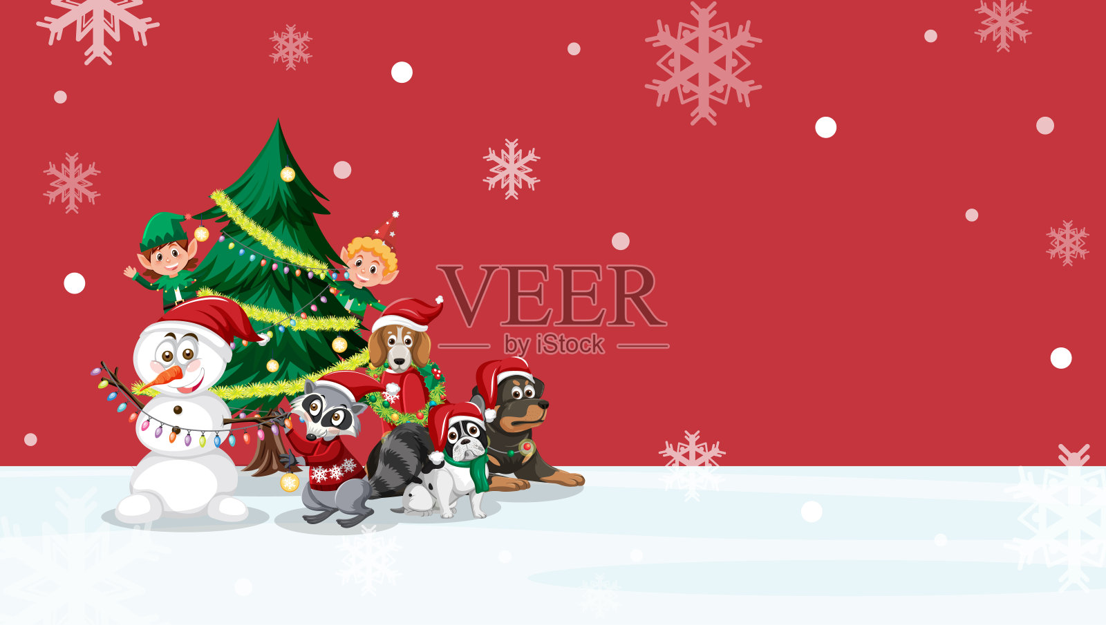 圣诞横幅模板与雪人和动物朋友插画图片素材