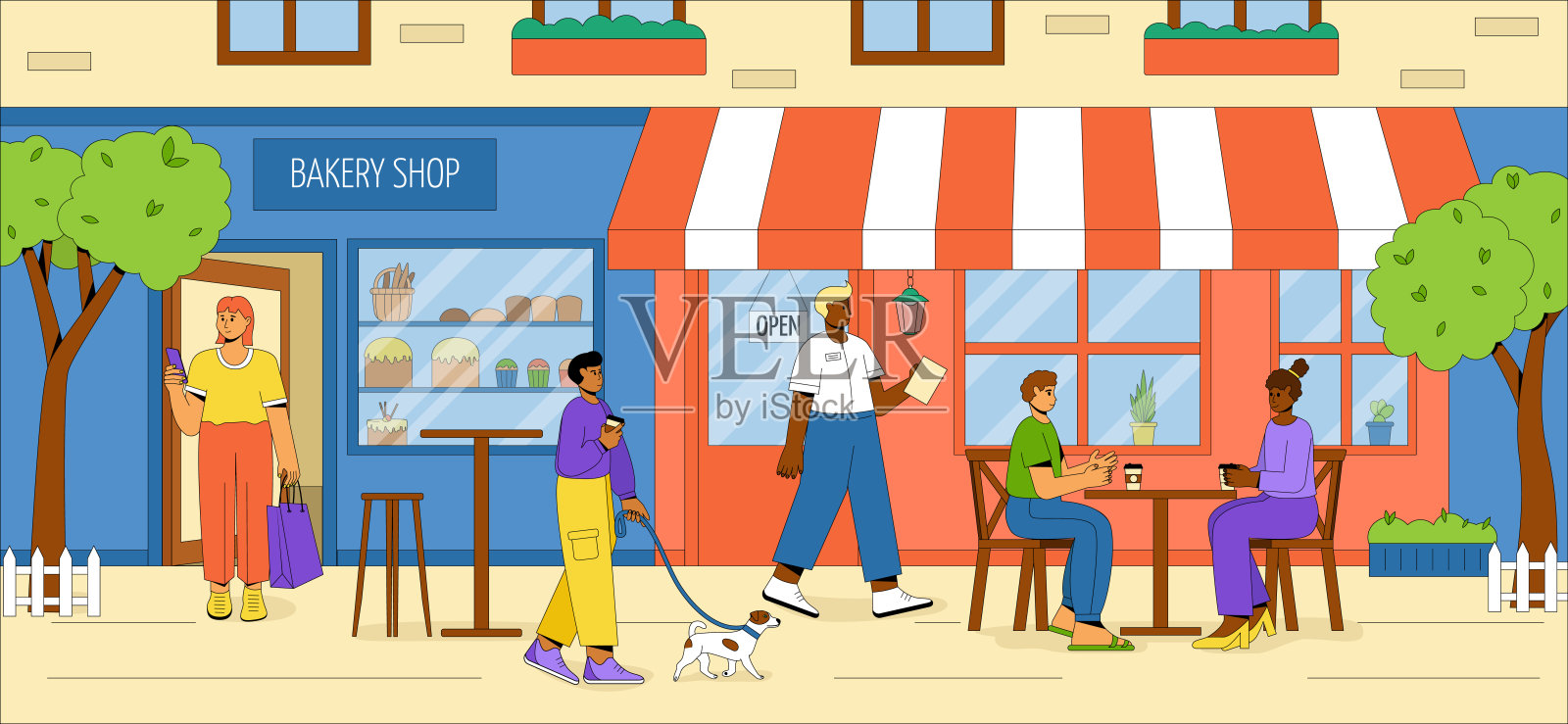 人们在户外放松和喝咖啡。剧中人物在街边咖啡馆吃饭，友好的人们带着狗在新鲜的空气中放松。城市面包店的建筑有户外桌椅。夏季咖啡馆的矢量概念。平面向量插图。插画图片素材
